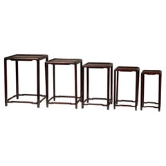 Set of Five Small Size Dark Rosewood Nesting Tables with Humpback Stretchers