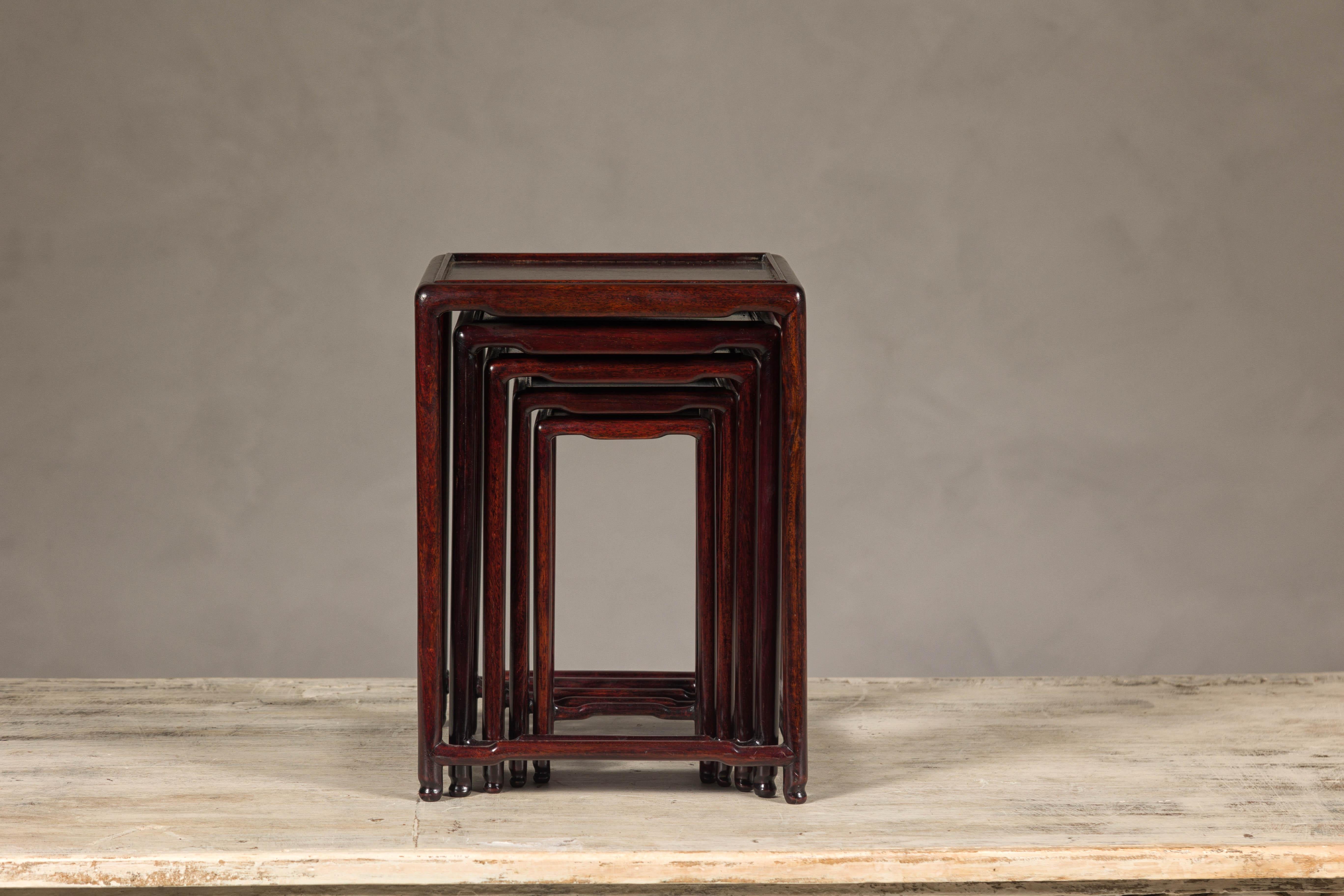 Set of Five Small Size Rosewood Nesting Tables with Humpback Stretchers In Good Condition For Sale In Yonkers, NY