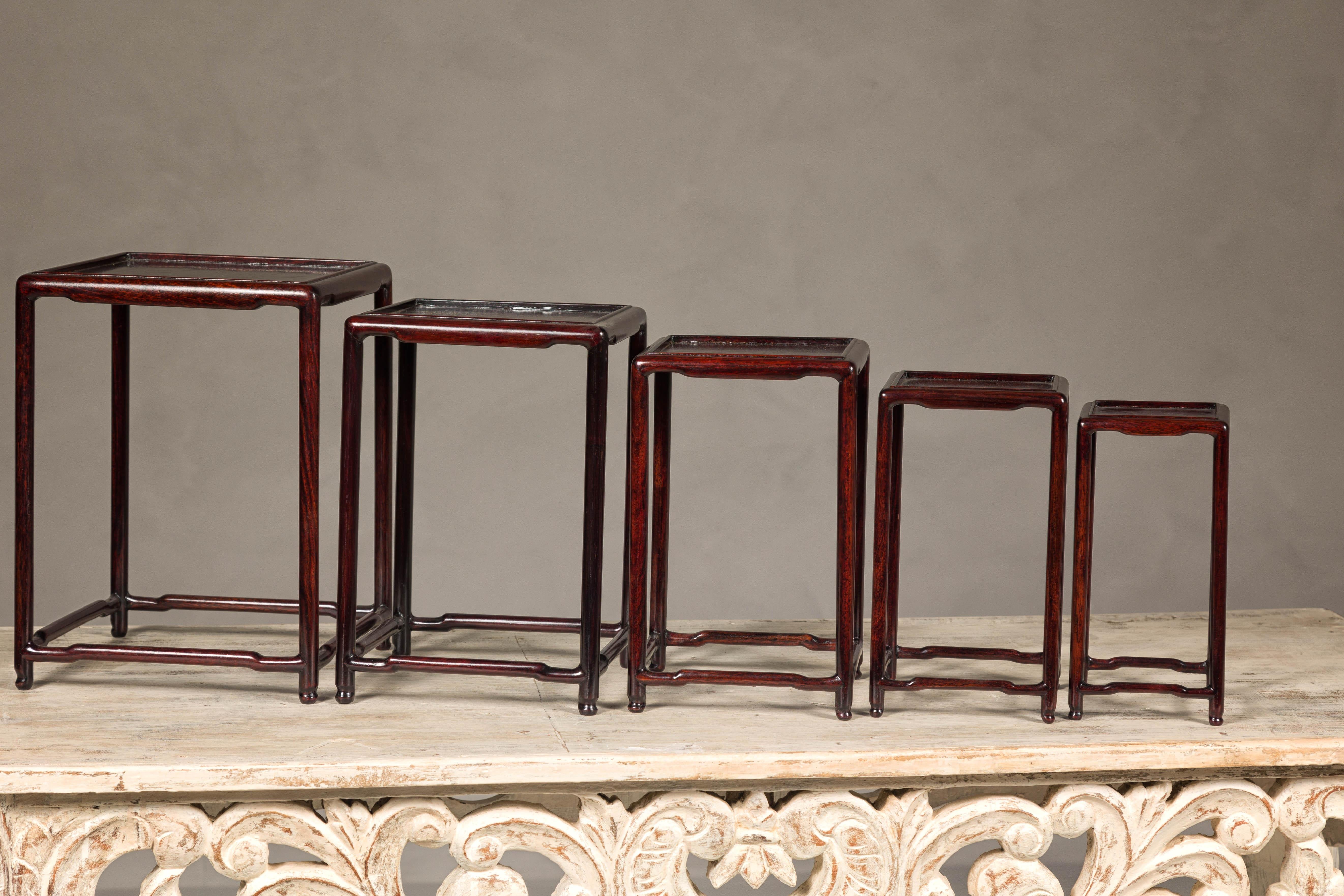 Set of Five Small Size Rosewood Nesting Tables with Humpback Stretchers For Sale 4