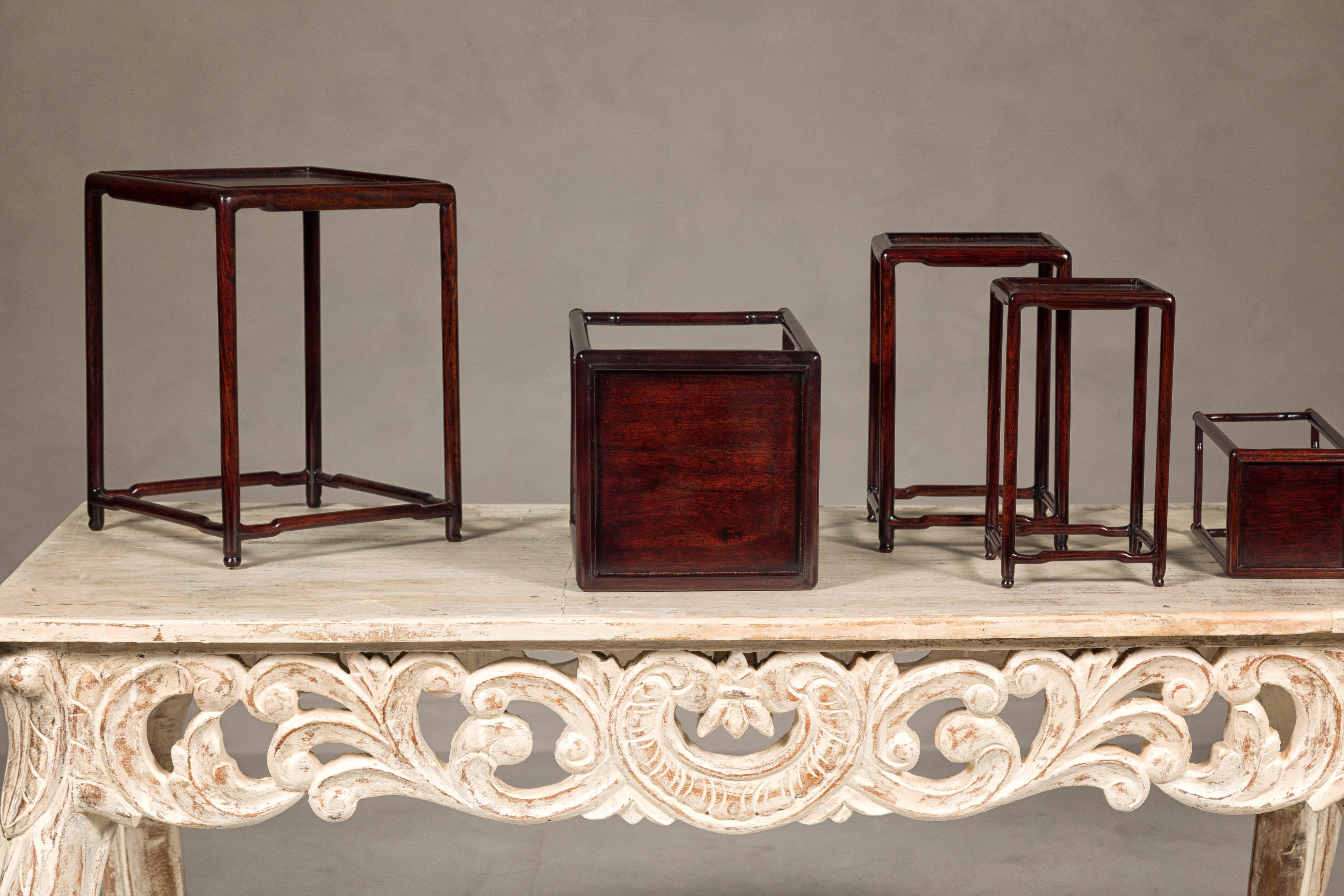 Set of Five Small Size Rosewood Nesting Tables with Humpback Stretchers For Sale 5