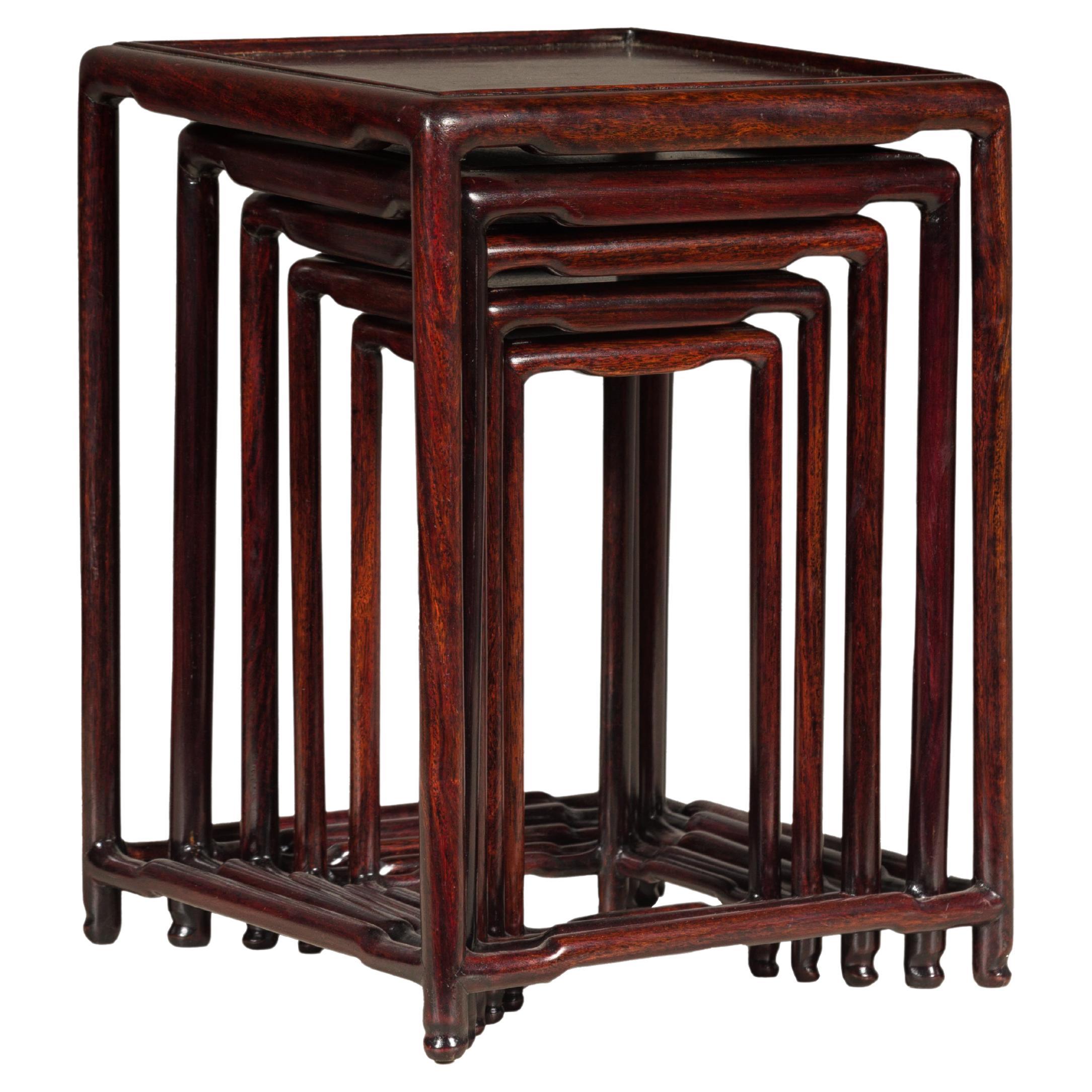 Set of Five Small Size Rosewood Nesting Tables with Humpback Stretchers For Sale