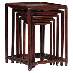 Set of Five Small Size Rosewood Nesting Tables with Humpback Stretchers