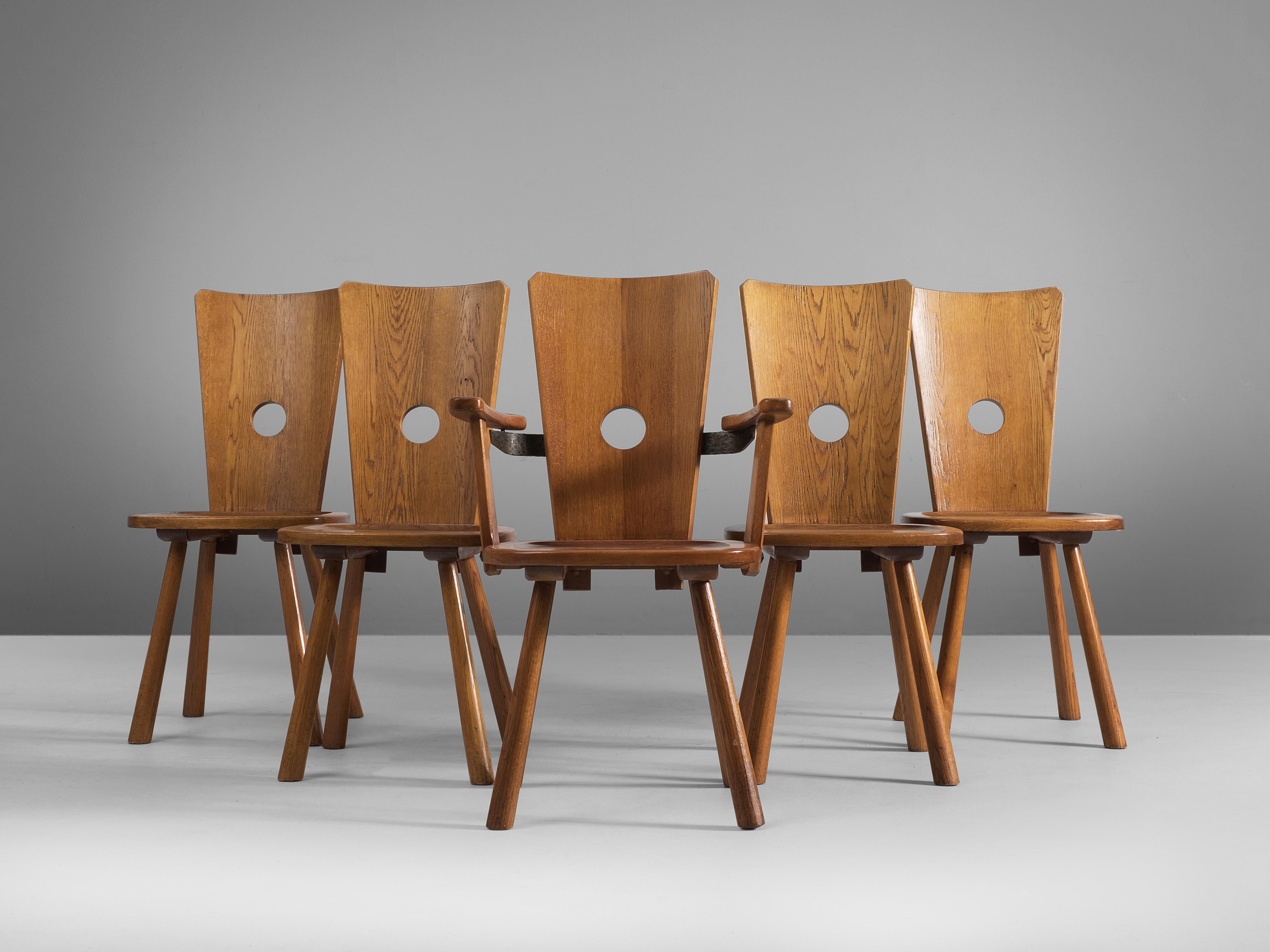 Mid-Century Modern Set of Five Solid Oak Dining Chairs