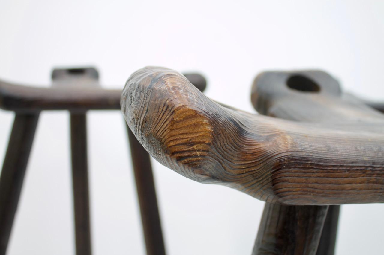 Hardwood One of Three Spanish Brutalist Bar Stools in Solid Wood, 1960s For Sale