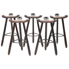 One of Three Spanish Brutalist Bar Stools in Solid Wood, 1960s