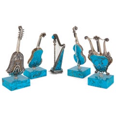 Set of Five Spanish Turquoise and Silver Miniature Musical Instruments
