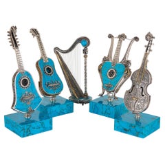 Set of Five Spanish Turquoise and Silver Miniature Musical Instruments