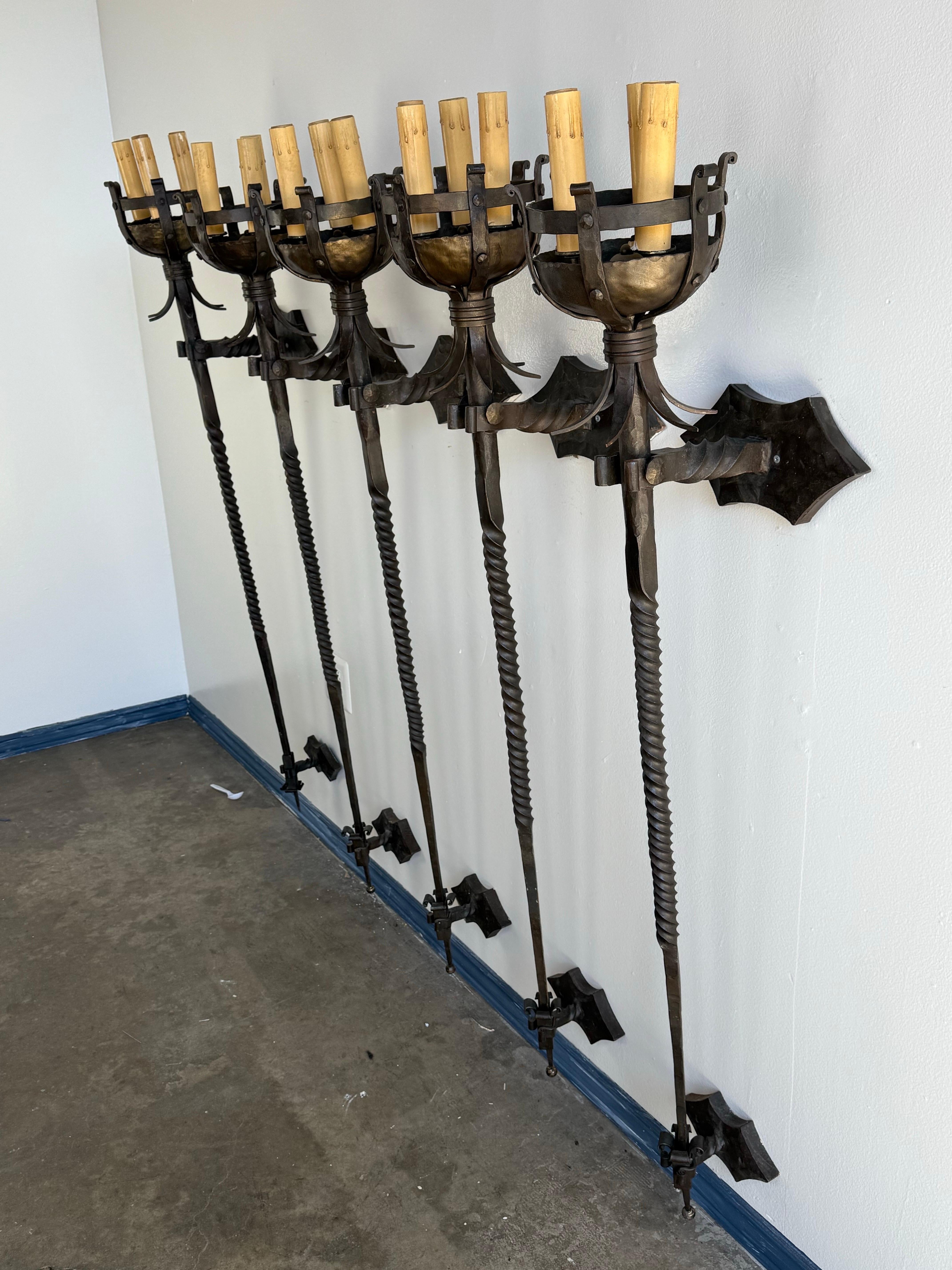 Spanish Colonial Set of Five Spanish Wrought Iron Sconces
