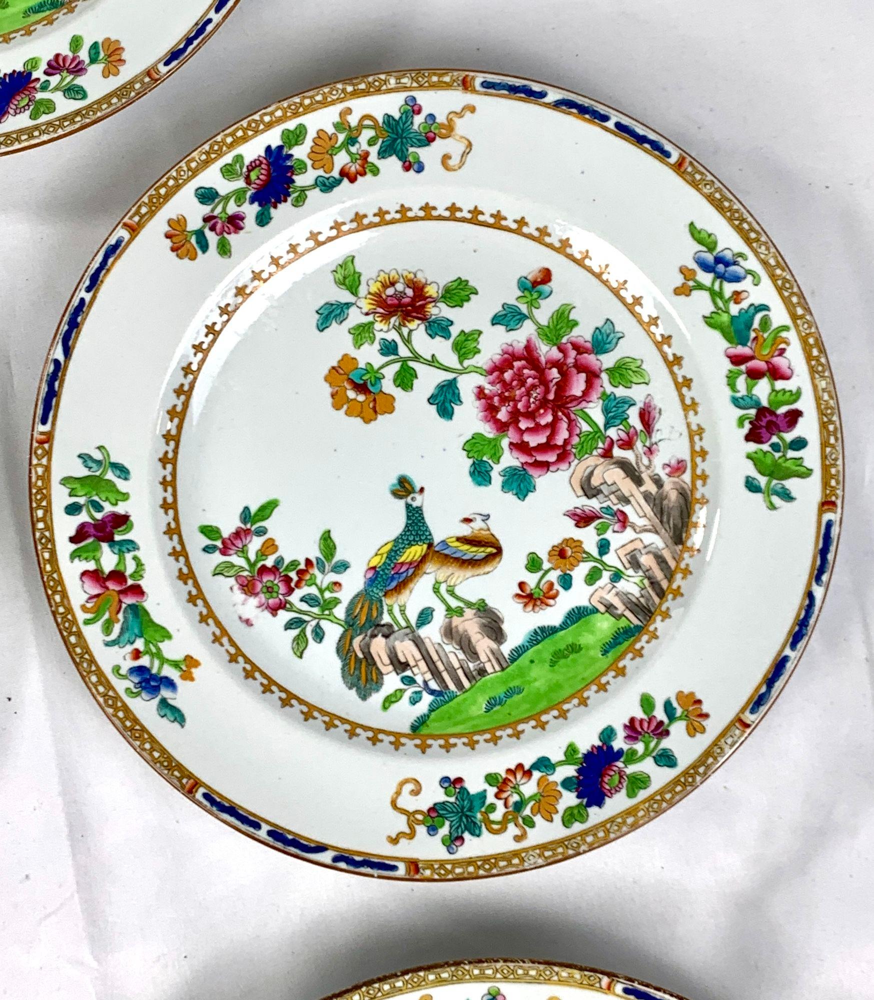 English Set of Five Spode Chinoiserie Dessert Dishes Peacock Pattern, England ca. 1820