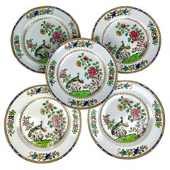 Set of Five Spode Chinoiserie Dessert Dishes Peacock Pattern, England ca. 1820