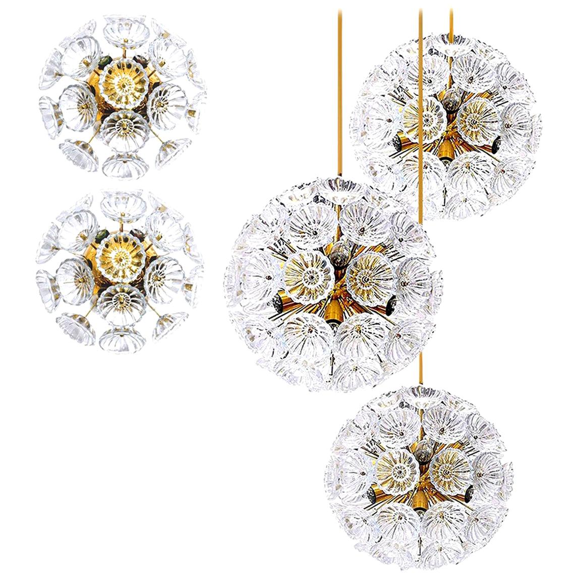 Set of Five Starburst Flower Sputniks, Two Wall Lights and Three Chandeliers For Sale