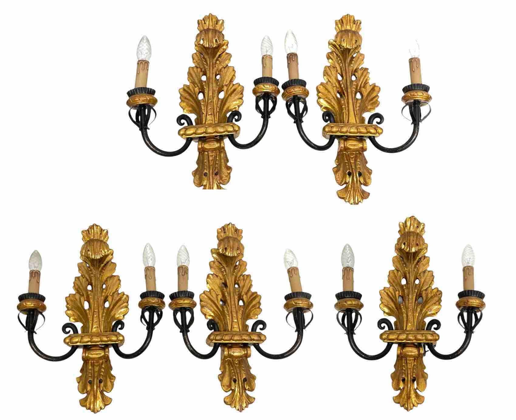 Set of Five Stunning Gilt Wood Tole Florentine Sconces by Banci, Italy, 1970s For Sale 8