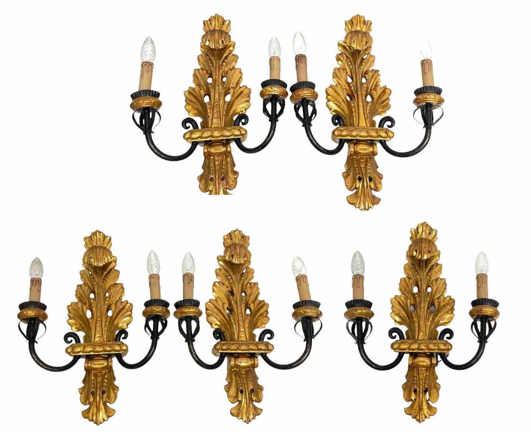 Ensemble de cinq superbes appliques florentines en bois doré Tole de Banci, Italie, 1970 en vente 7
