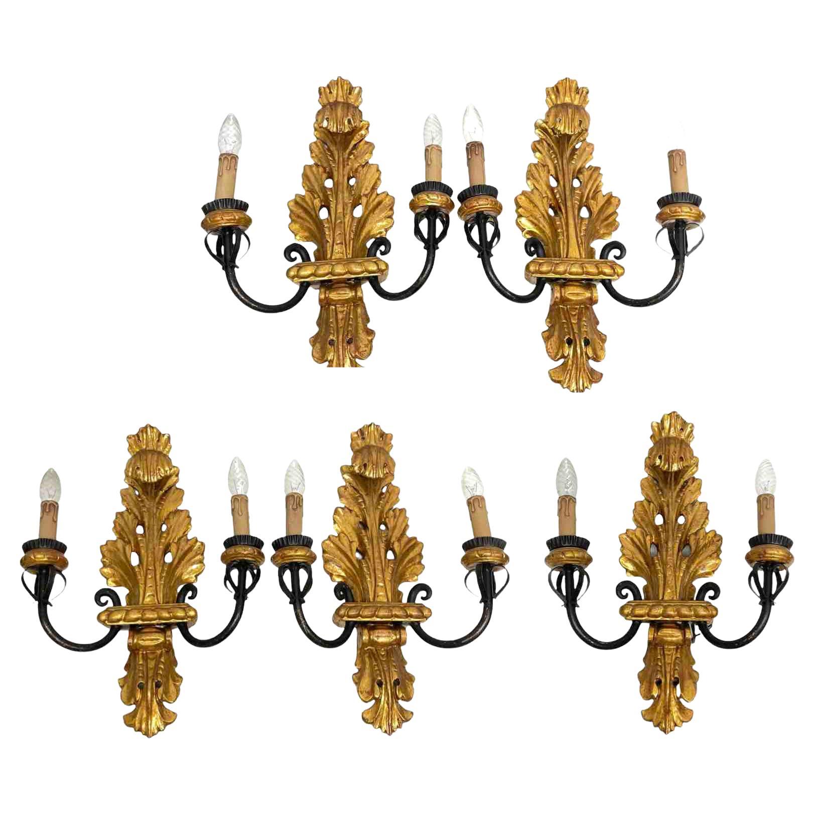 Set of Five Stunning Gilt Wood Tole Florentine Sconces by Banci, Italy, 1970s For Sale