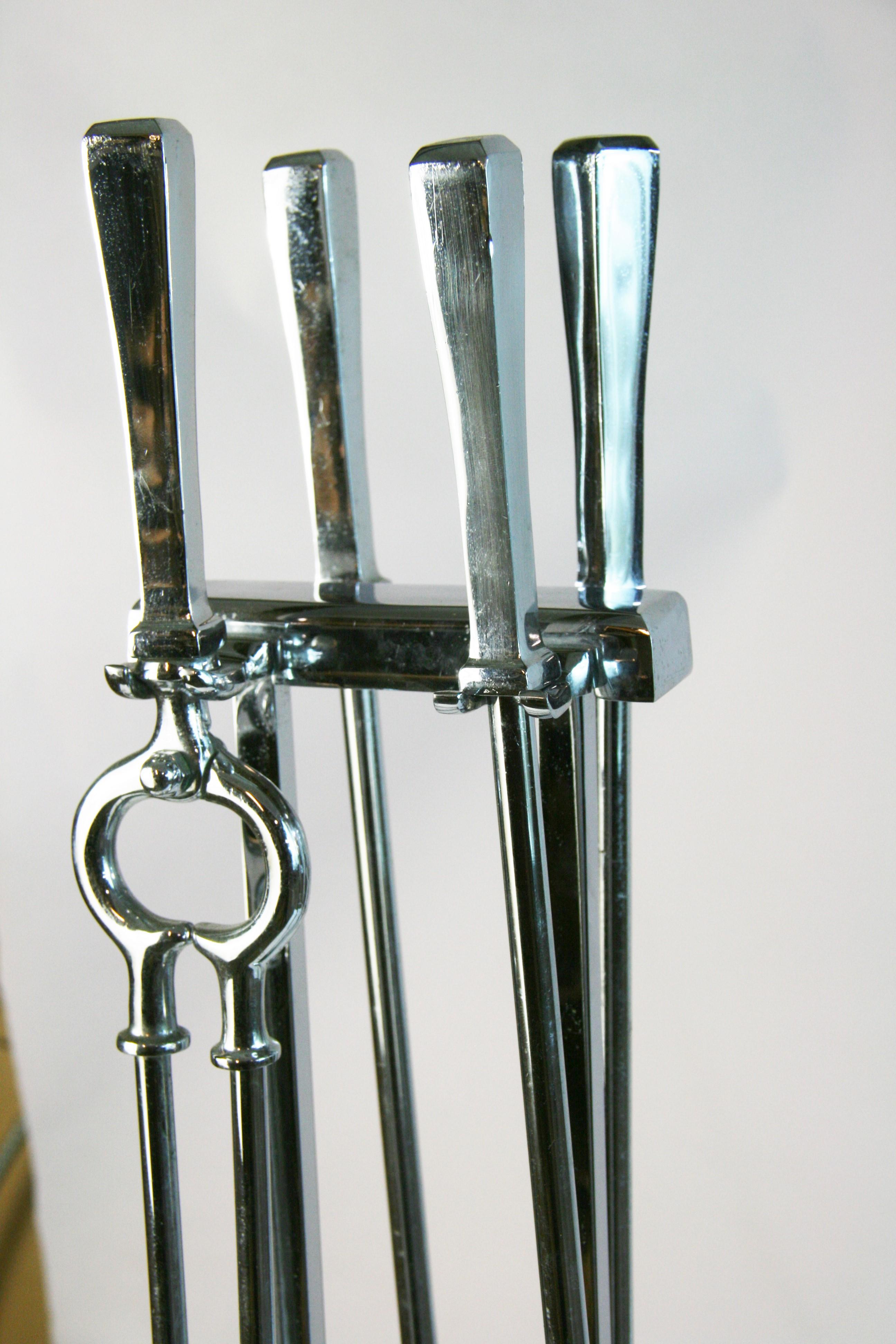 Set of Five  Stylish Modernist Polished Nickel Fire Tools and Stand For Sale 7