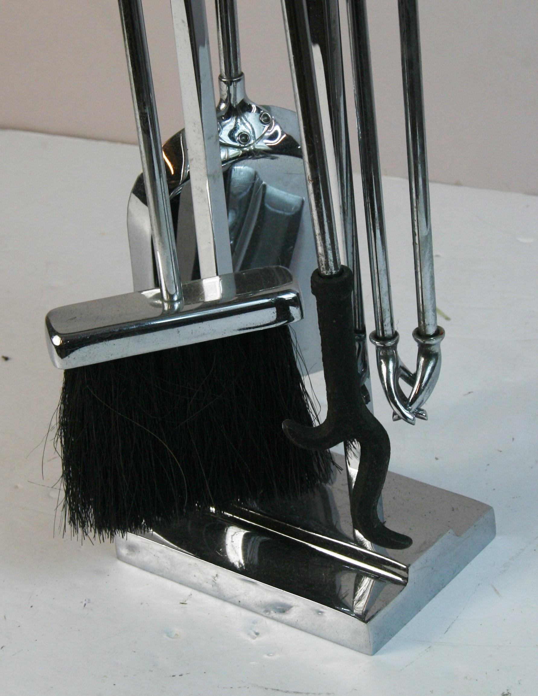 Mid-20th Century Set of Five  Stylish Modernist Polished Nickel Fire Tools and Stand For Sale