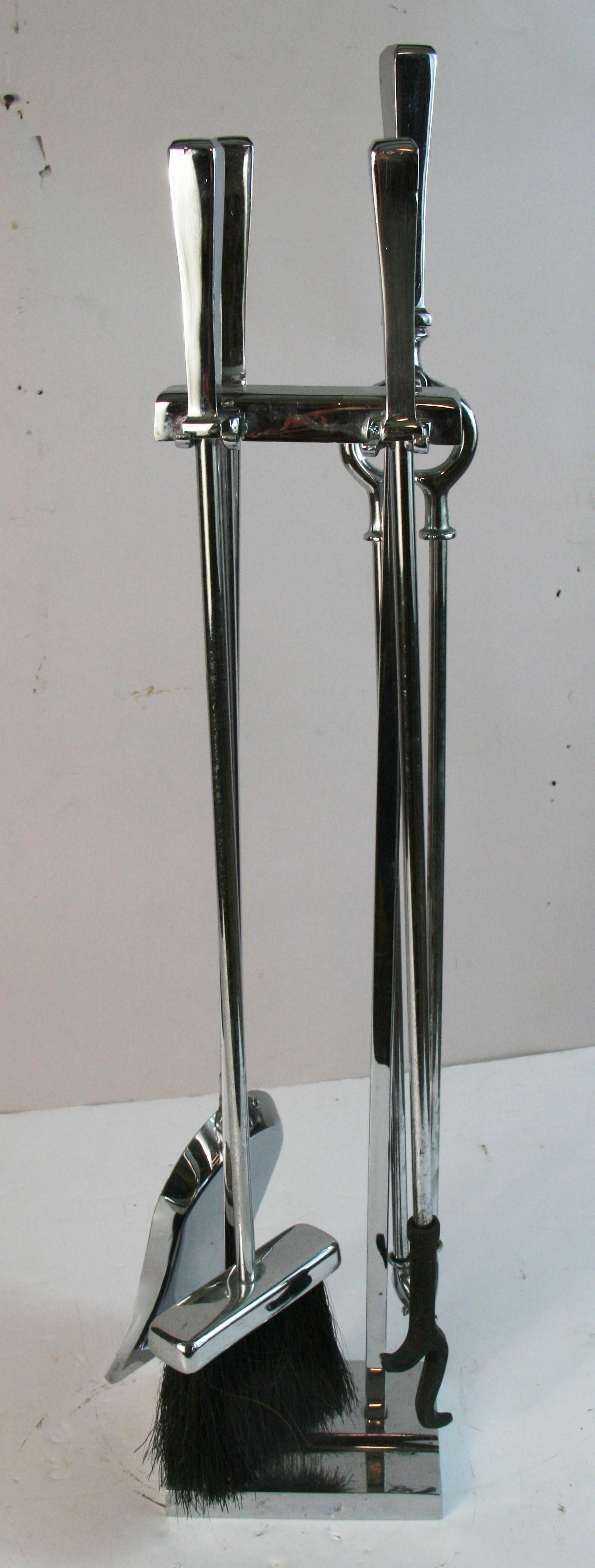 Set of Five  Stylish Modernist Polished Nickel Fire Tools and Stand For Sale 1