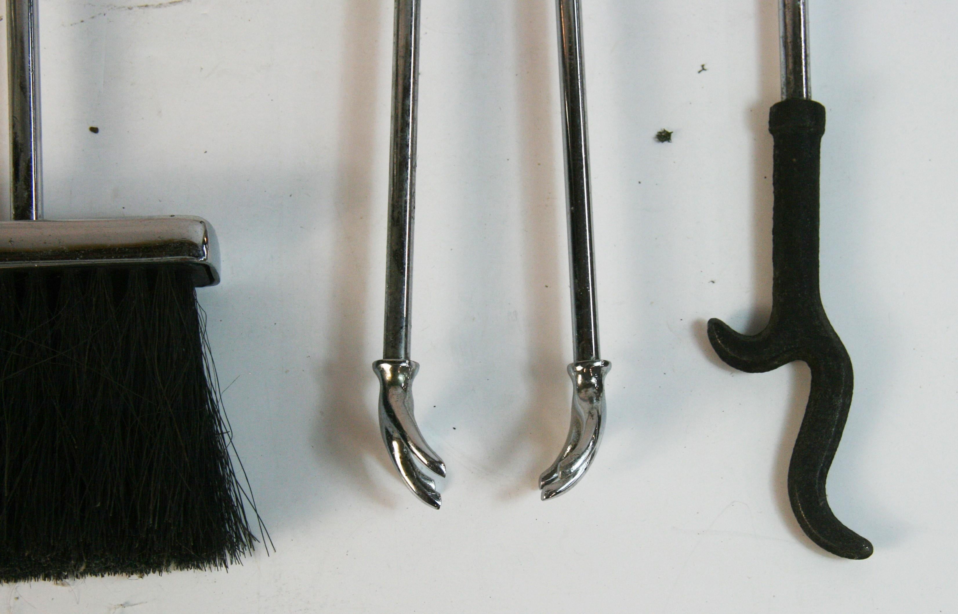 Set of Five  Stylish Modernist Polished Nickel Fire Tools and Stand For Sale 3