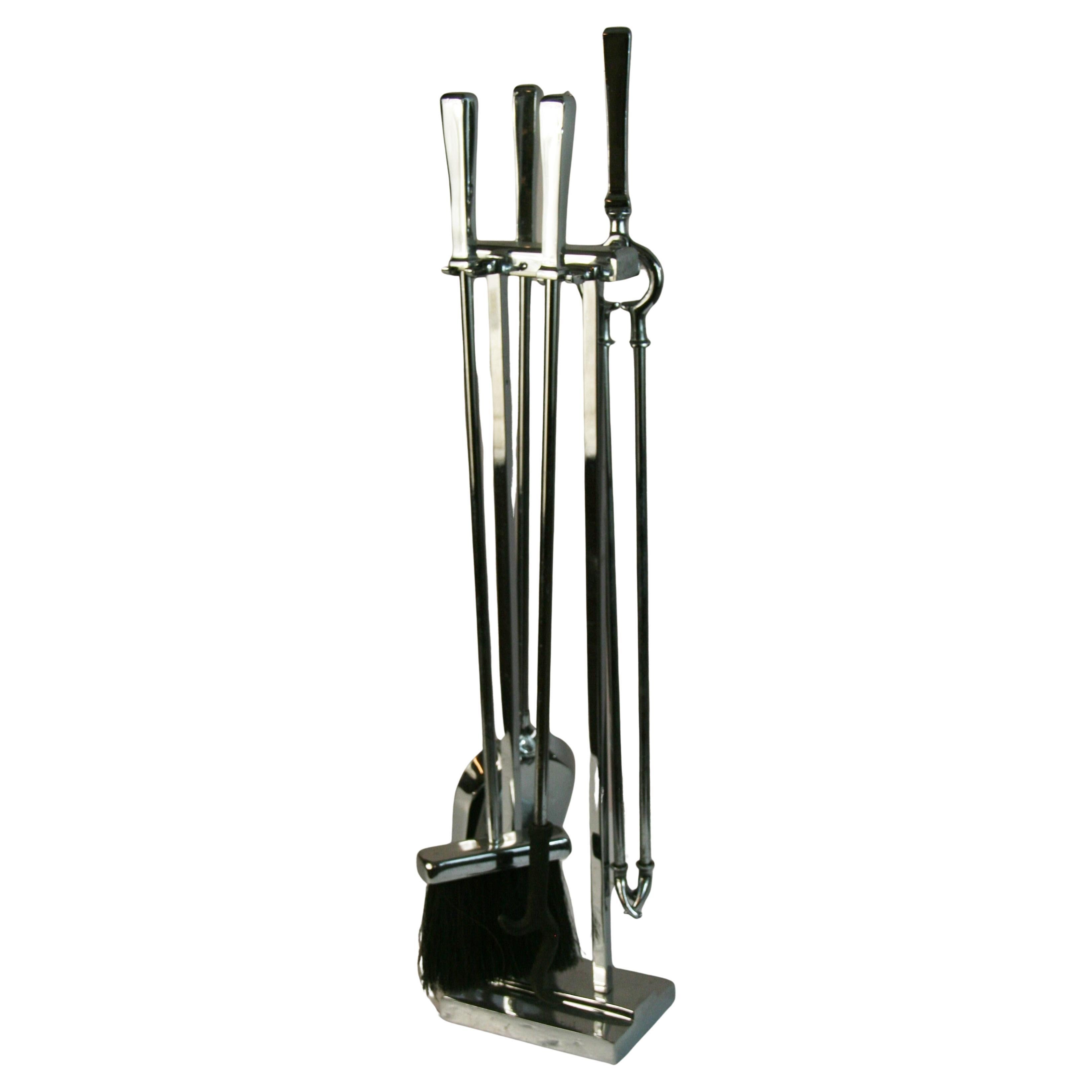 Set of Five  Stylish Modernist Polished Nickel Fire Tools and Stand