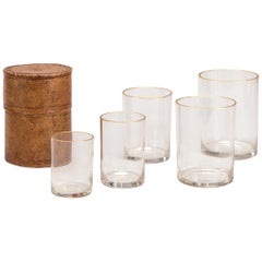 Set of Five Swedish Drinking Glasses Within a Cylindrical Leather Case