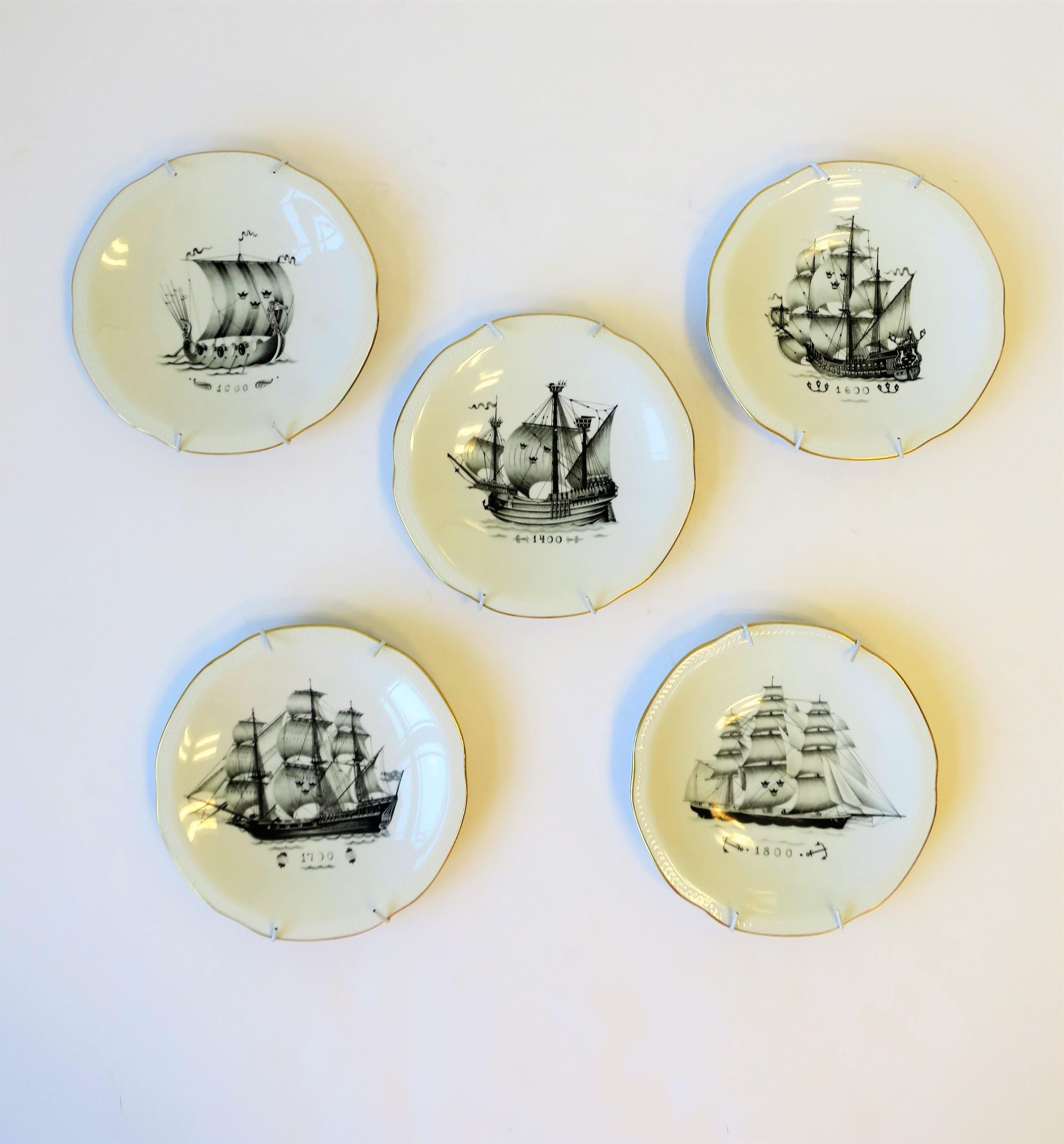 A beautiful set of five (5) Swedish plates by Rörstrand, 20th century, Sweden. Plates are nautical themed with antique sailing ships in black and white. With maker's mark on back as show in images #4 and 5. Plates can be used for cuisine or as wall