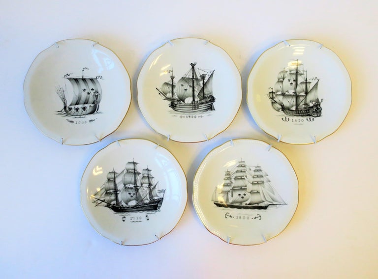 Set of Five Swedish Rörstrand Nautical Black and White Porcelain Plates