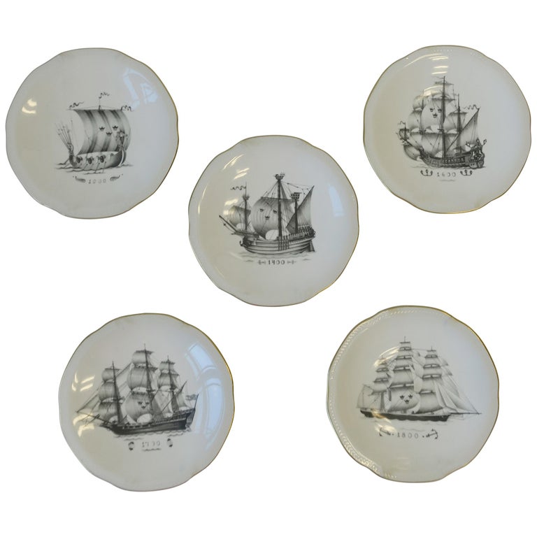 Set of Five Swedish Rörstrand Nautical Black and White Porcelain Plates