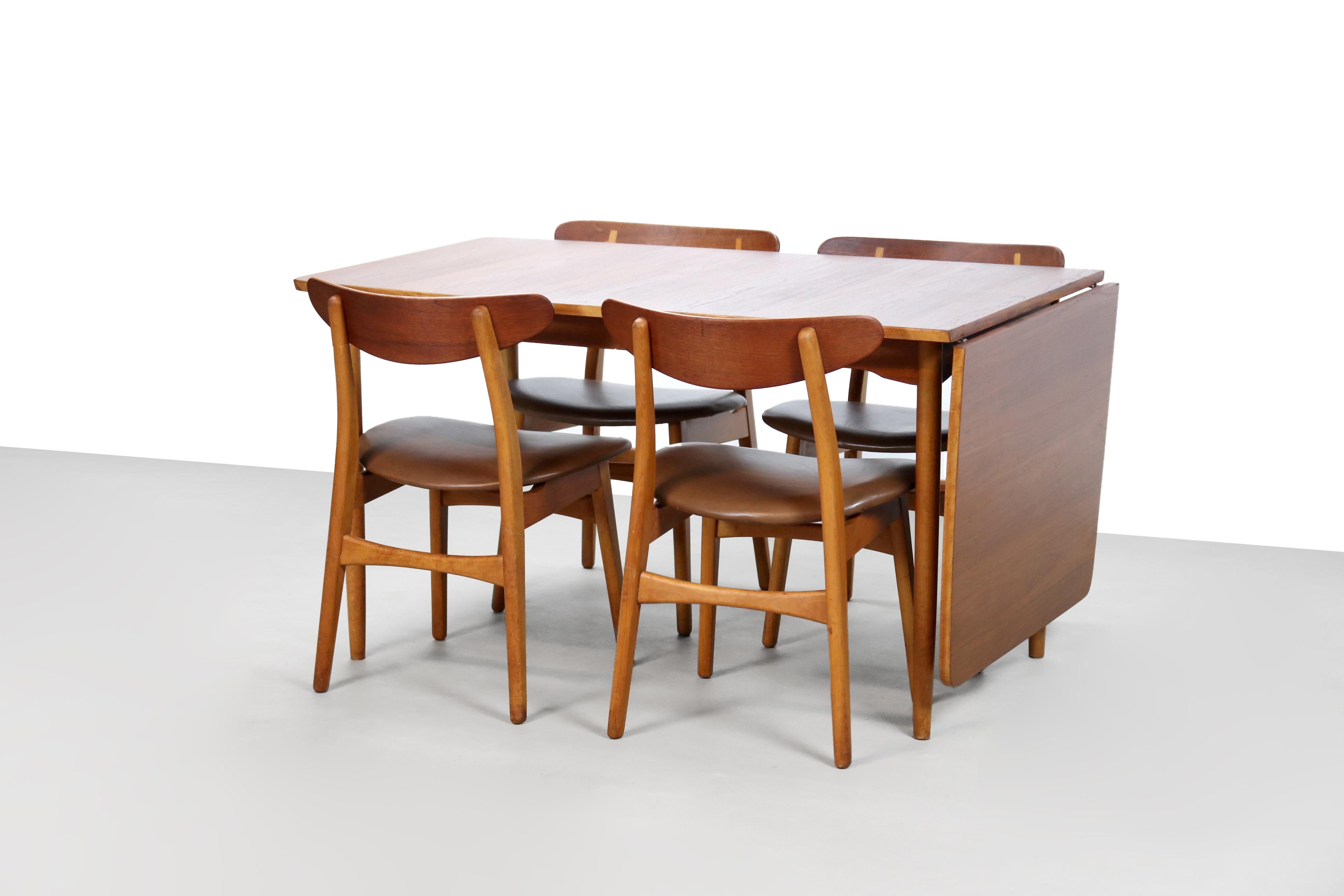 Set of Five Teak and Leather Hans Wegner CH30 Dining Chairs by Carl Hansen, 1950 3