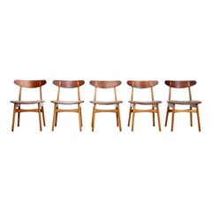 Vintage Set of Five Teak and Leather Hans Wegner CH30 Dining Chairs by Carl Hansen, 1950
