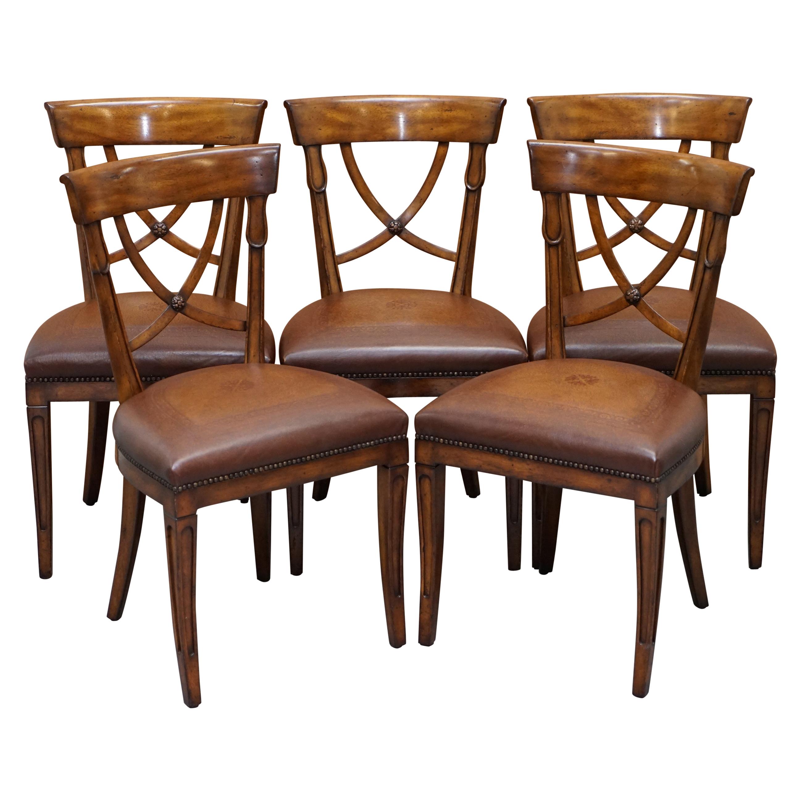 Set of Five Theodore Alexander Regency Brown Leather Dining Chairs