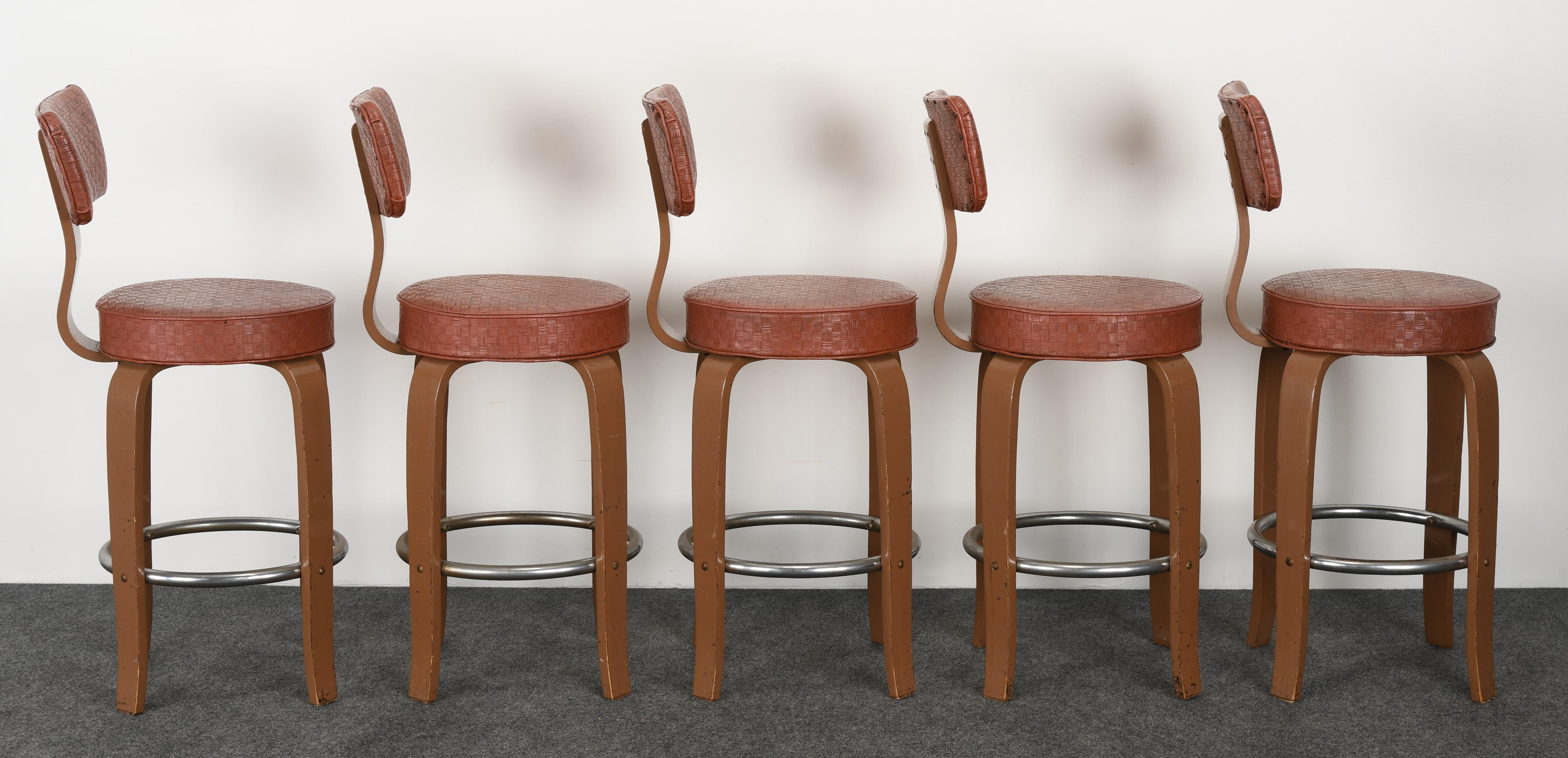 Faux Leather Set of Five Thonet Barstools, 1950s