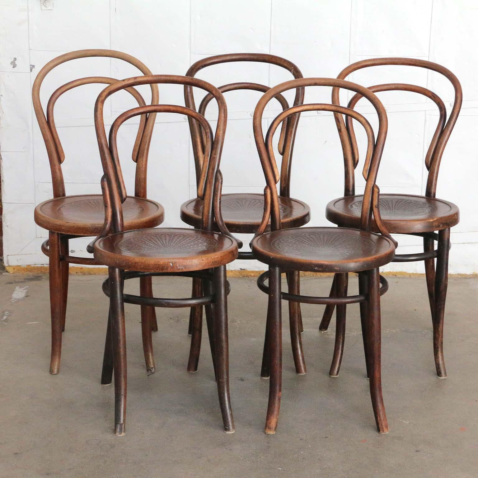 Assembled set of five Viennese No. 14 bentwood cafe chairs by Michael Thonet. Each having a palmette decorated seat and a beautiful vintage patina. Mundus stamps on bottom manufactured in Poland.

Offered by Erin Lane Estate, Oakland, CA.