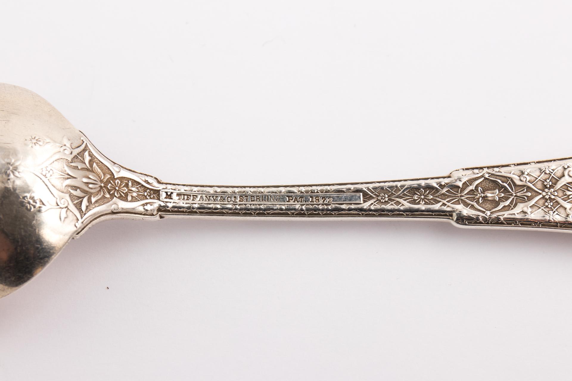 Set of 5 sterling silver spoon made by Tiffany & Co. in the Persian pattern. The spoons have ornate woven pattern that was inspired by Persian rugs. Each spoon is 8 3/8 inches long and about 50 grams each. The total weight of the 5 spoons are 251.7
