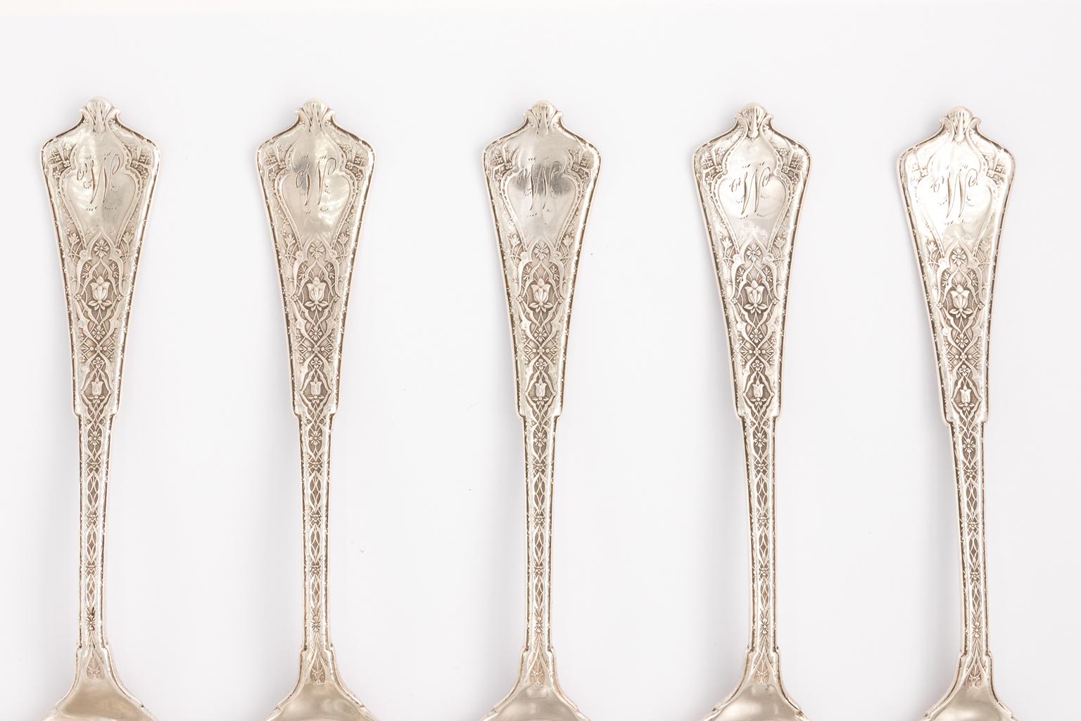 Art Nouveau Set of Five Tiffany & Co. Persian Sterling Silver Soup Spoon, circa 1872