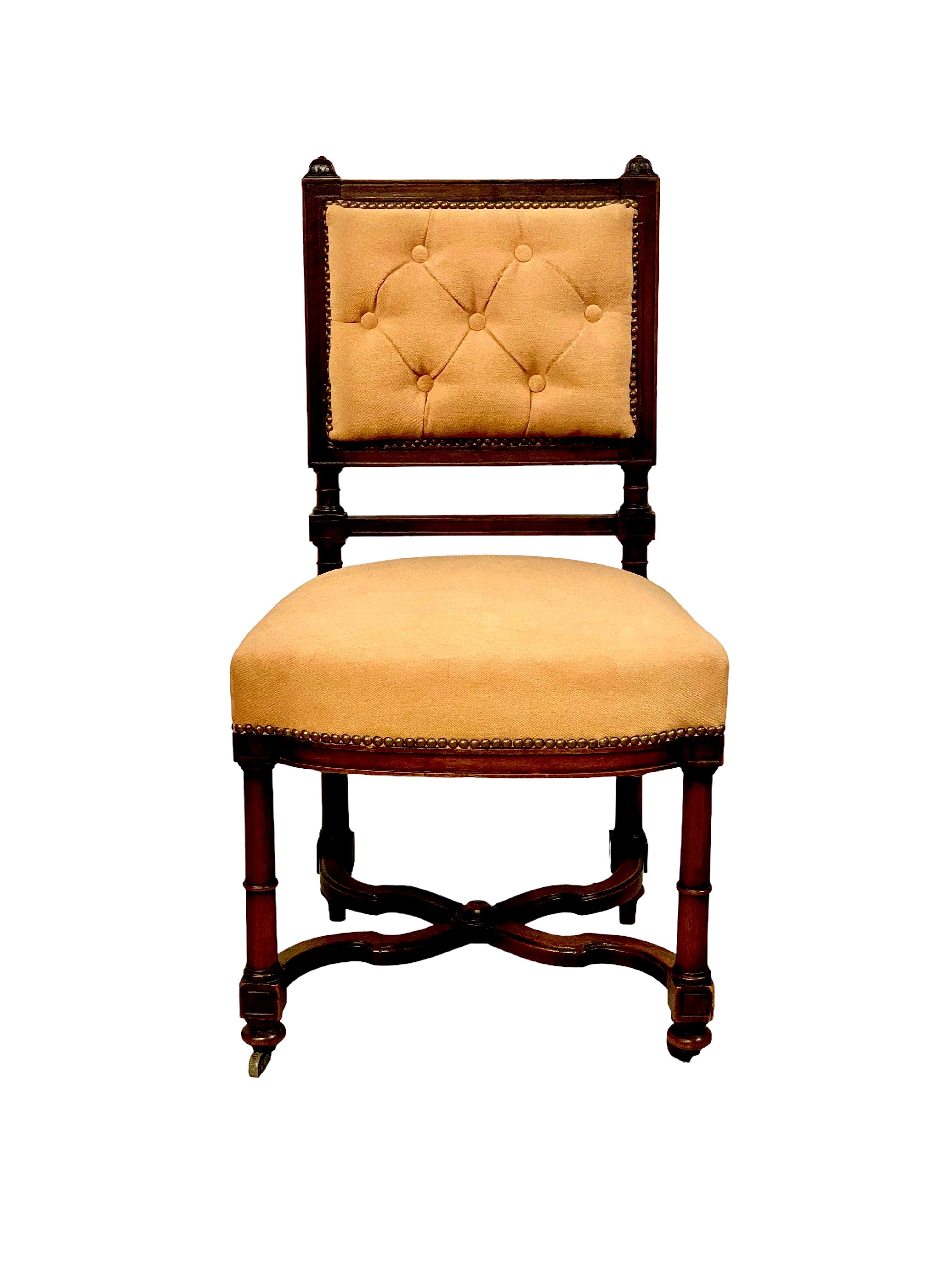 French Set of Five Upholstered Louis XIII style Dining Chairs, 19th Century For Sale