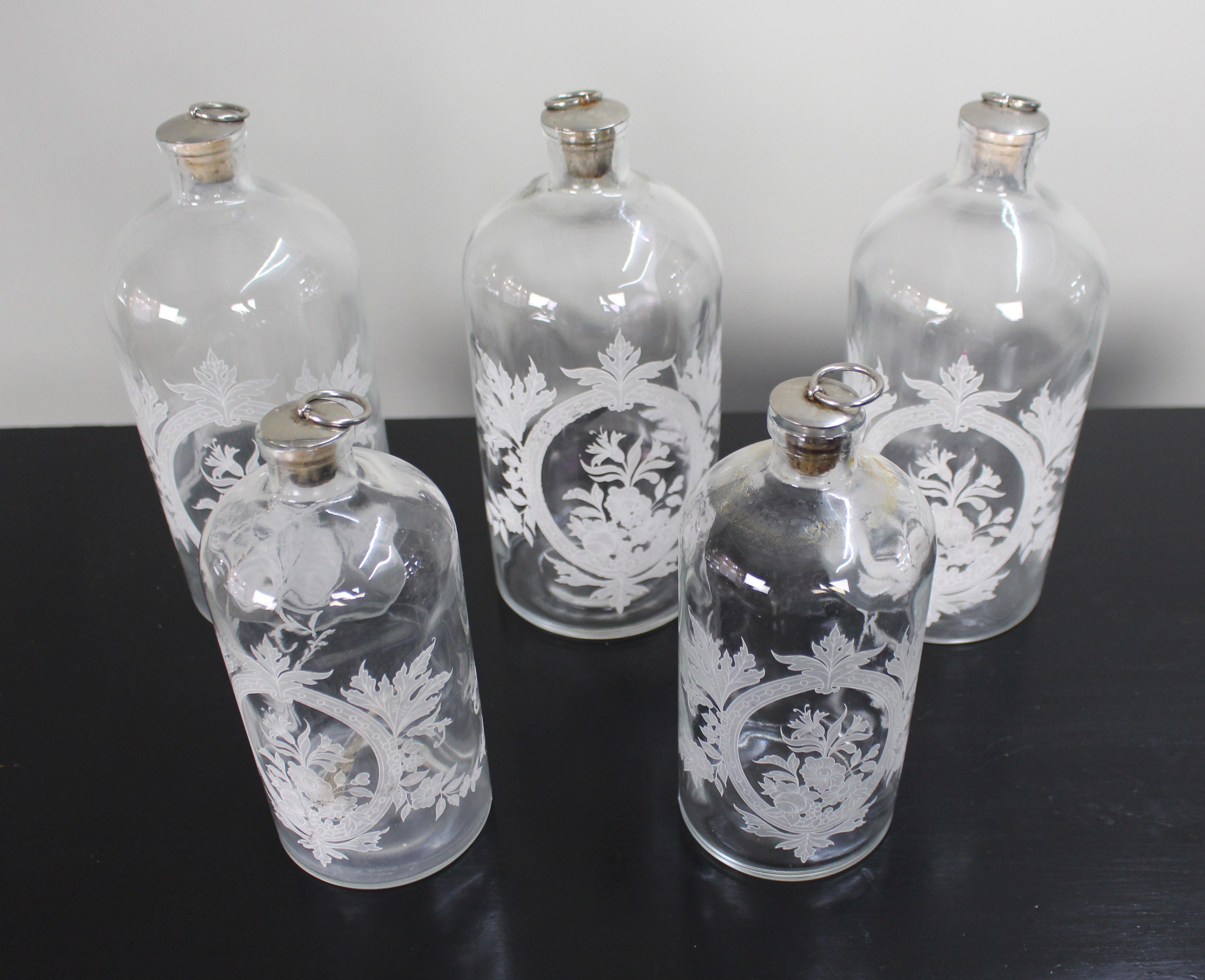 Satz von fünf viktorianischen Apothekerflaschen aus geätztem Glas, um 1880 im Zustand „Gut“ im Angebot in Worcester, GB