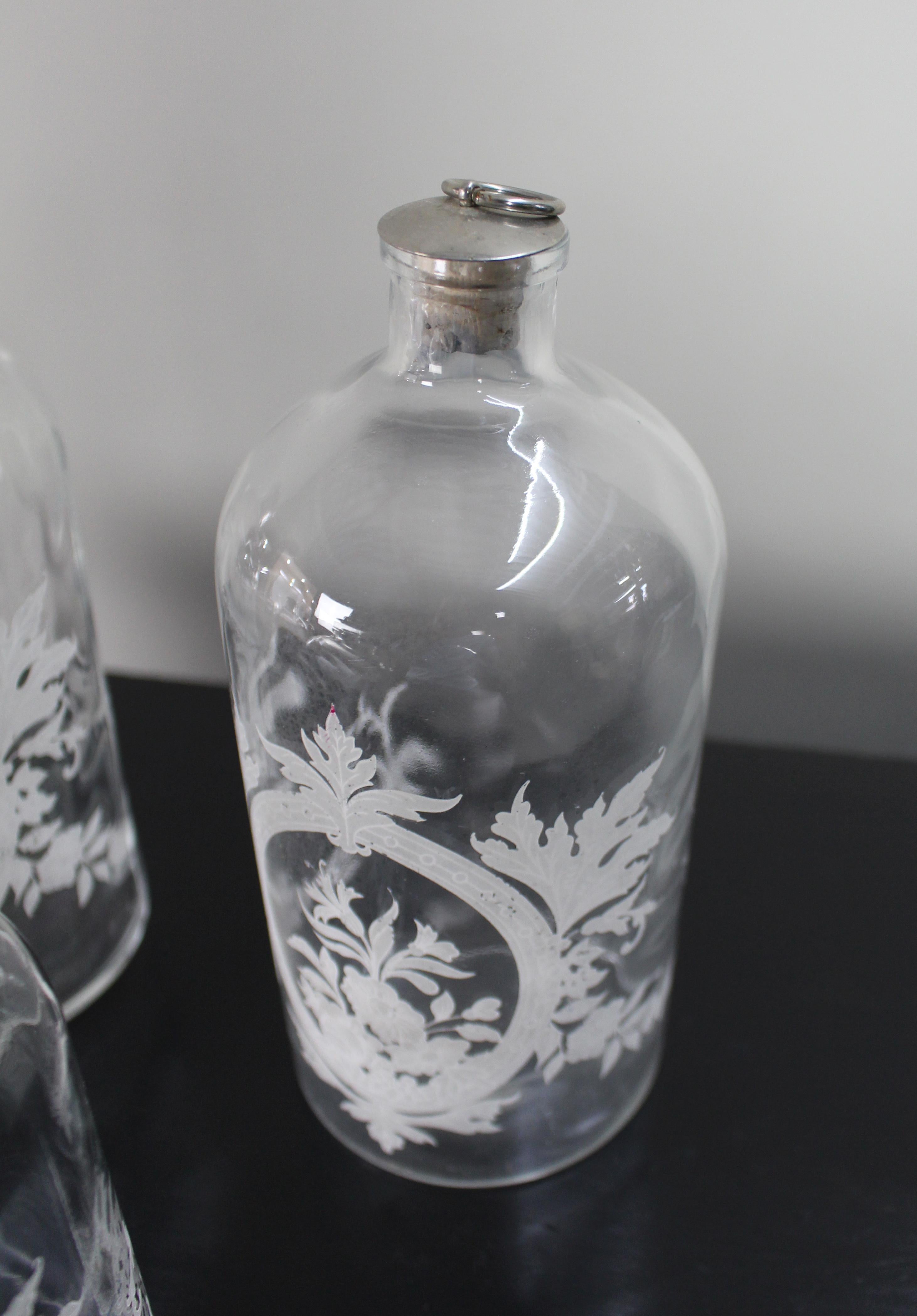 Satz von fünf viktorianischen Apothekerflaschen aus geätztem Glas, um 1880 (19. Jahrhundert) im Angebot