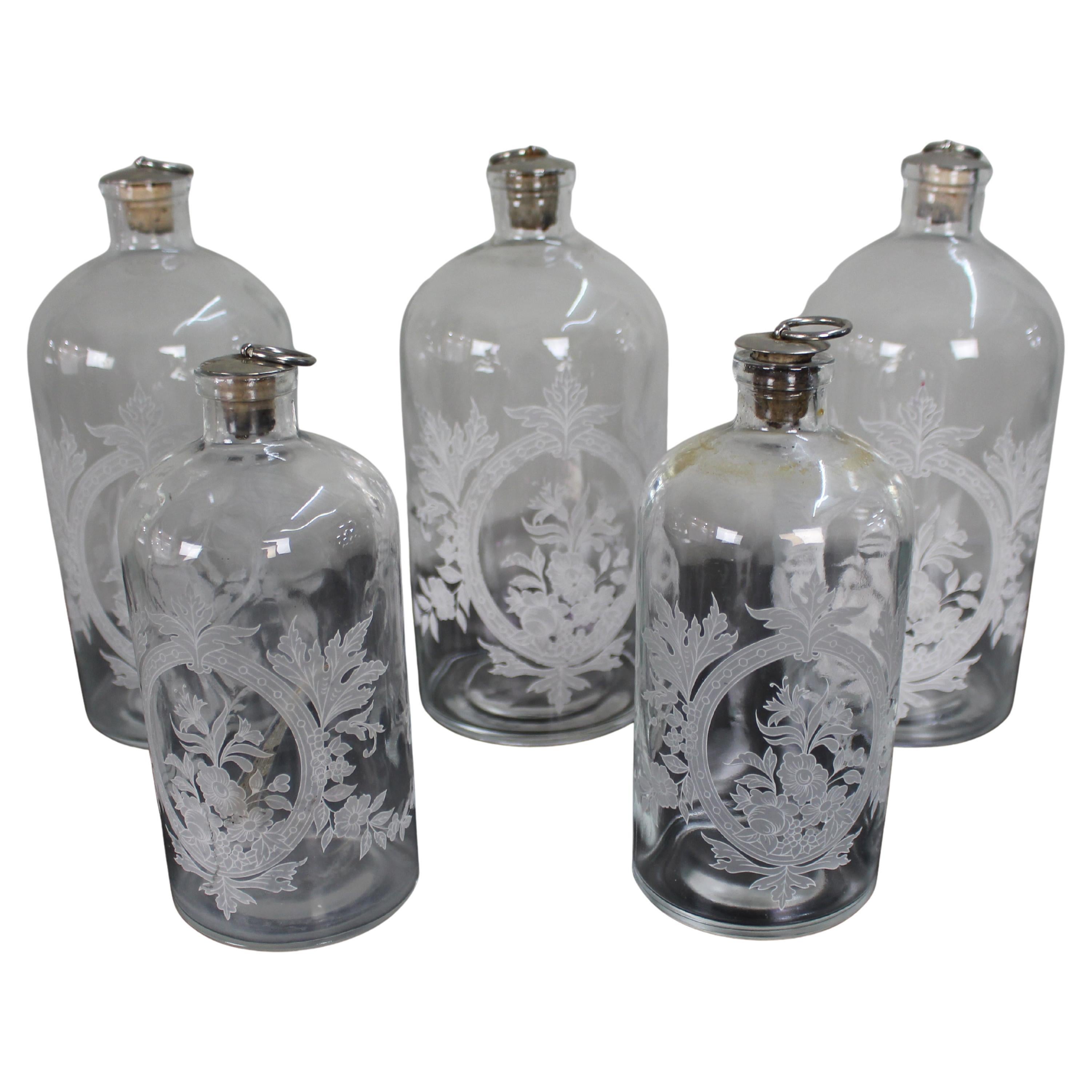 Satz von fünf viktorianischen Apothekerflaschen aus geätztem Glas, um 1880 im Angebot