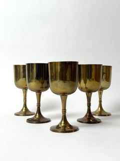 Set of Five Vintage Brass Wine Goblets with Worn Silvered Interiors, circa 1960s