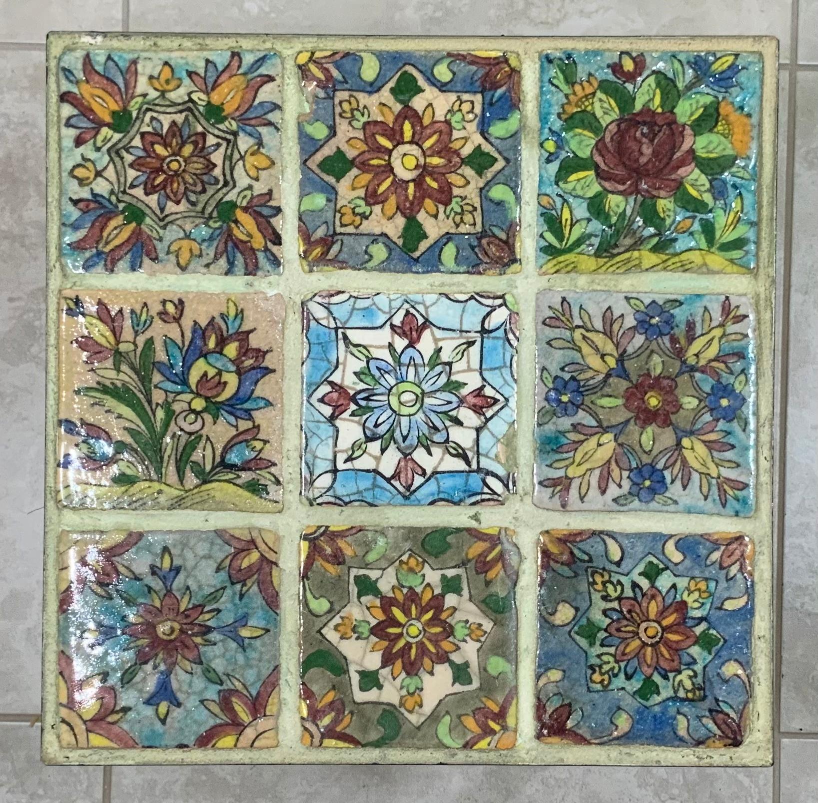 Hand-Painted Set of Five Vintage Ceramic Square Tile Side Tables