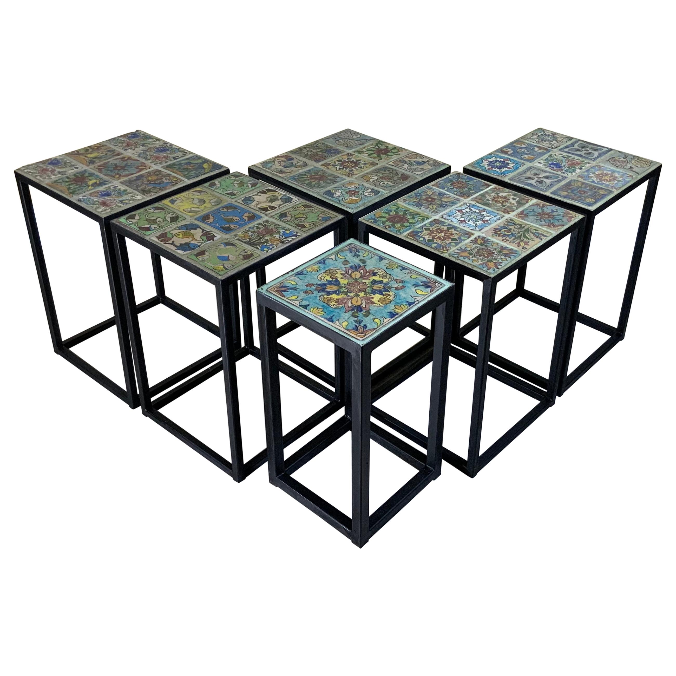 Set of Five Vintage Ceramic Square Tile Side Tables