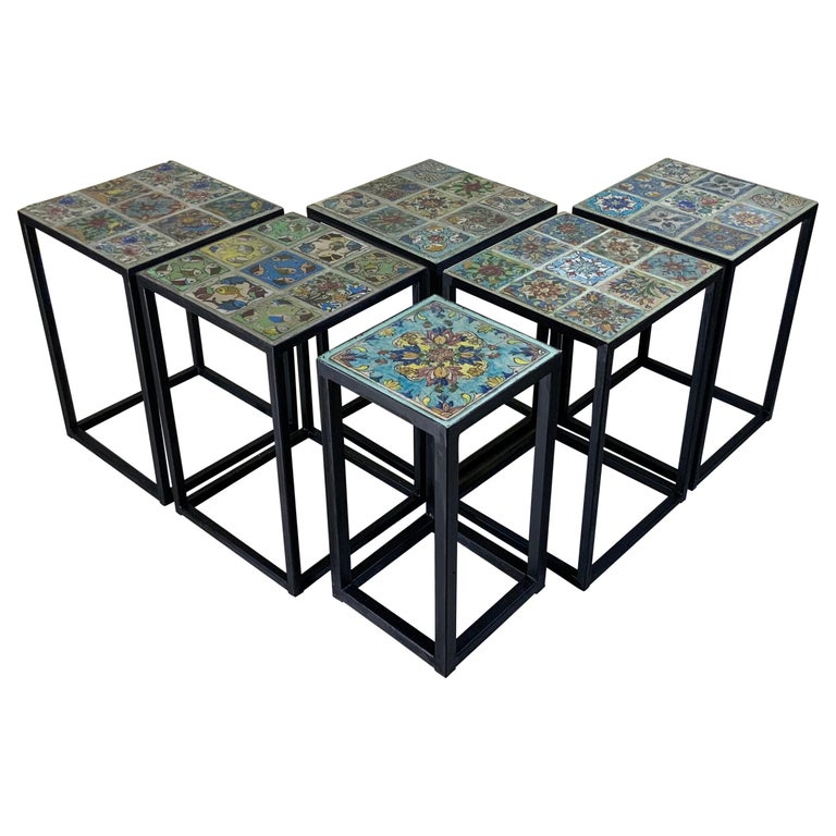 Set of Five Vintage Ceramic Square Tile Side Tables For Sale at 1stDibs