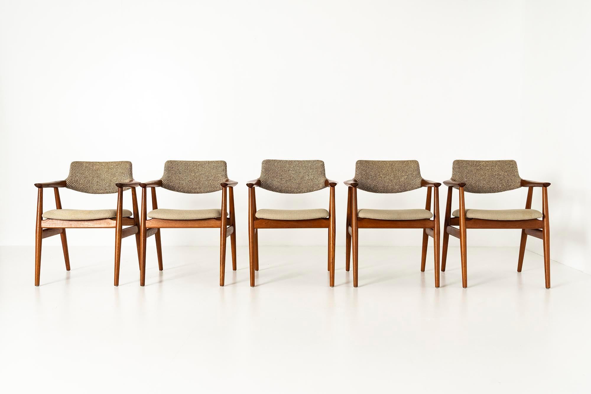 Scandinavian Modern Set of Five Vintage Danish Teak Armchairs, Model 53, by Erik Kirkegaard 1950s