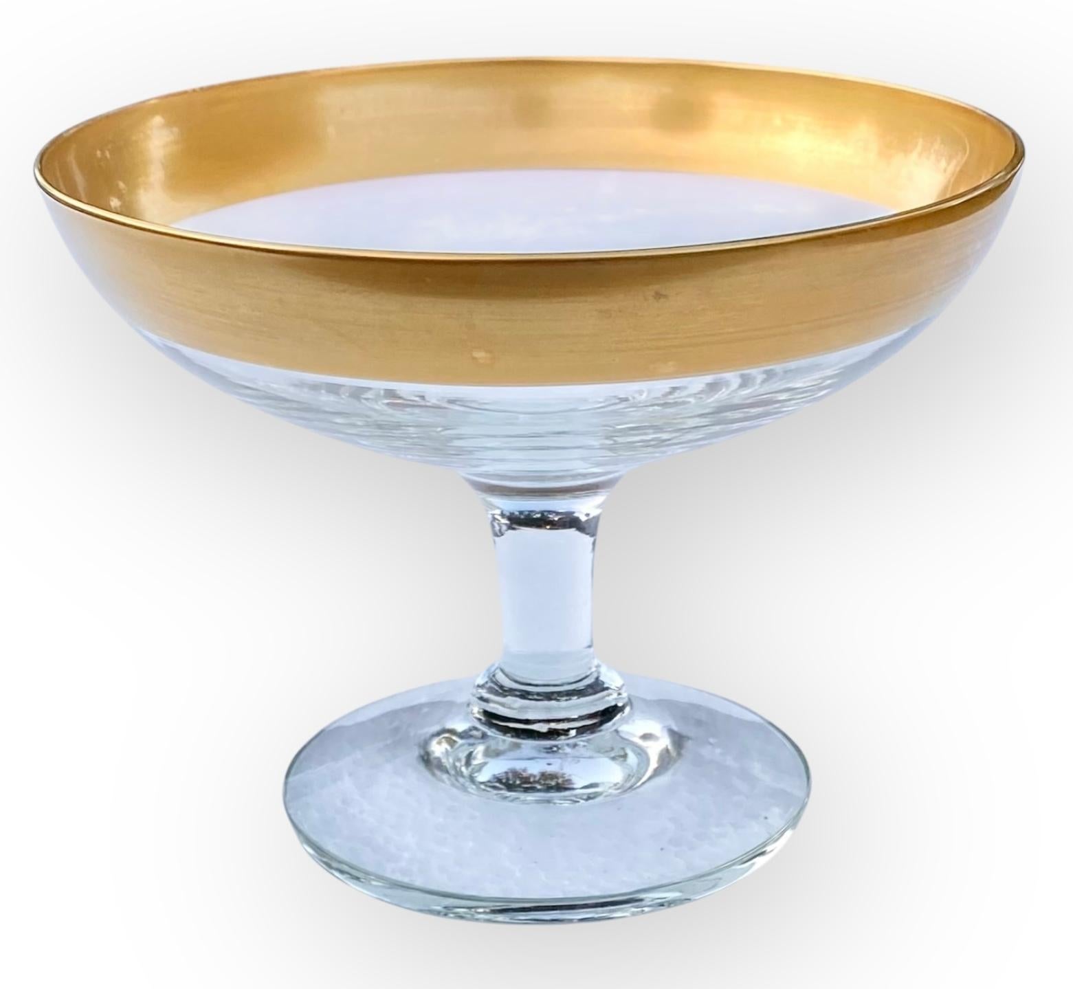 These elegant, well designed, gold-rimmed pedestal glasses/candy dishes are as beautiful today as when they were created. Having a one inch gold band on simple crystal clear glass, they create an elegant presentation.

As the story goes, Dorothy
