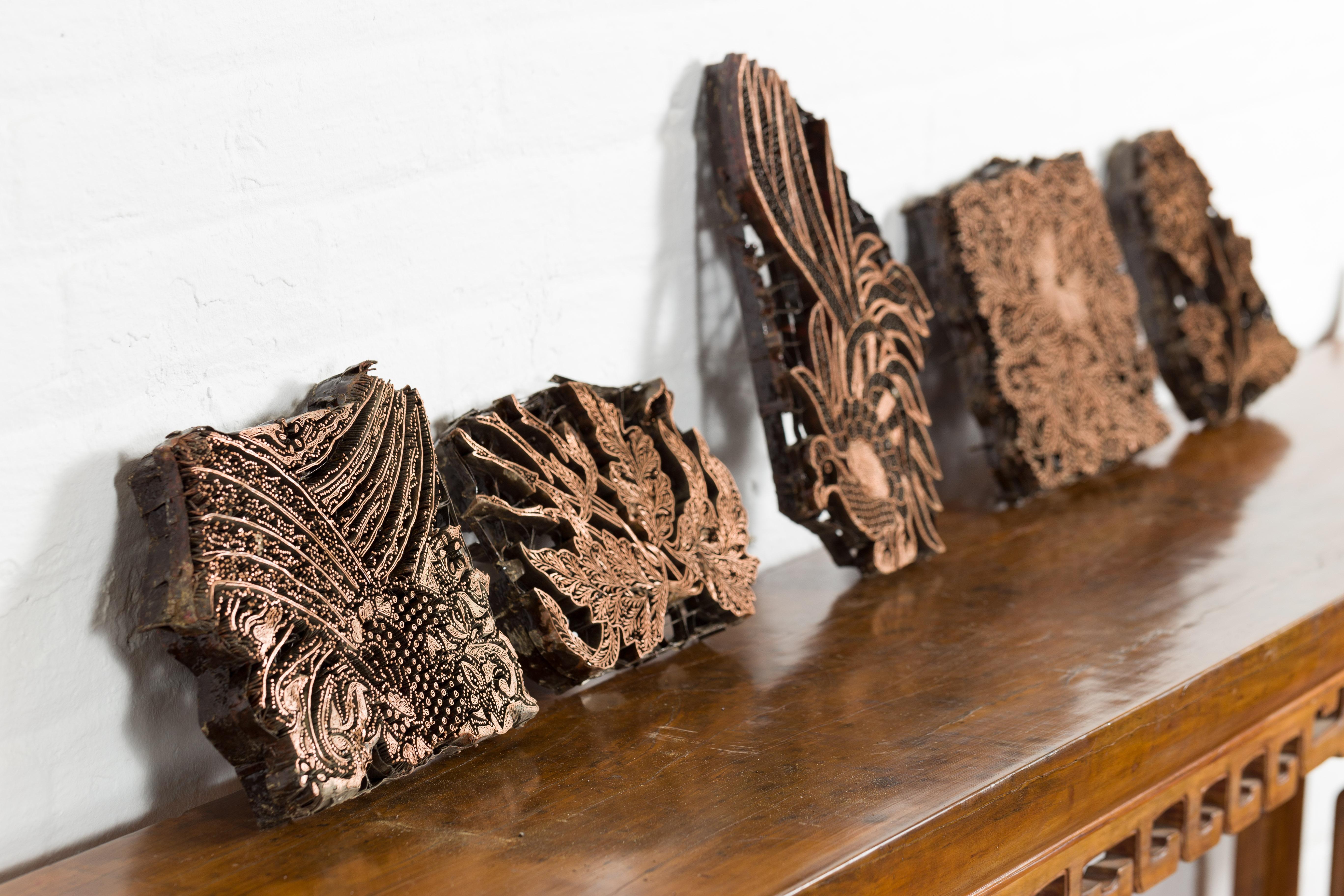 Set of Five Vintage Indonesian Copper Batik Textile Floral Printing Blocks For Sale 7