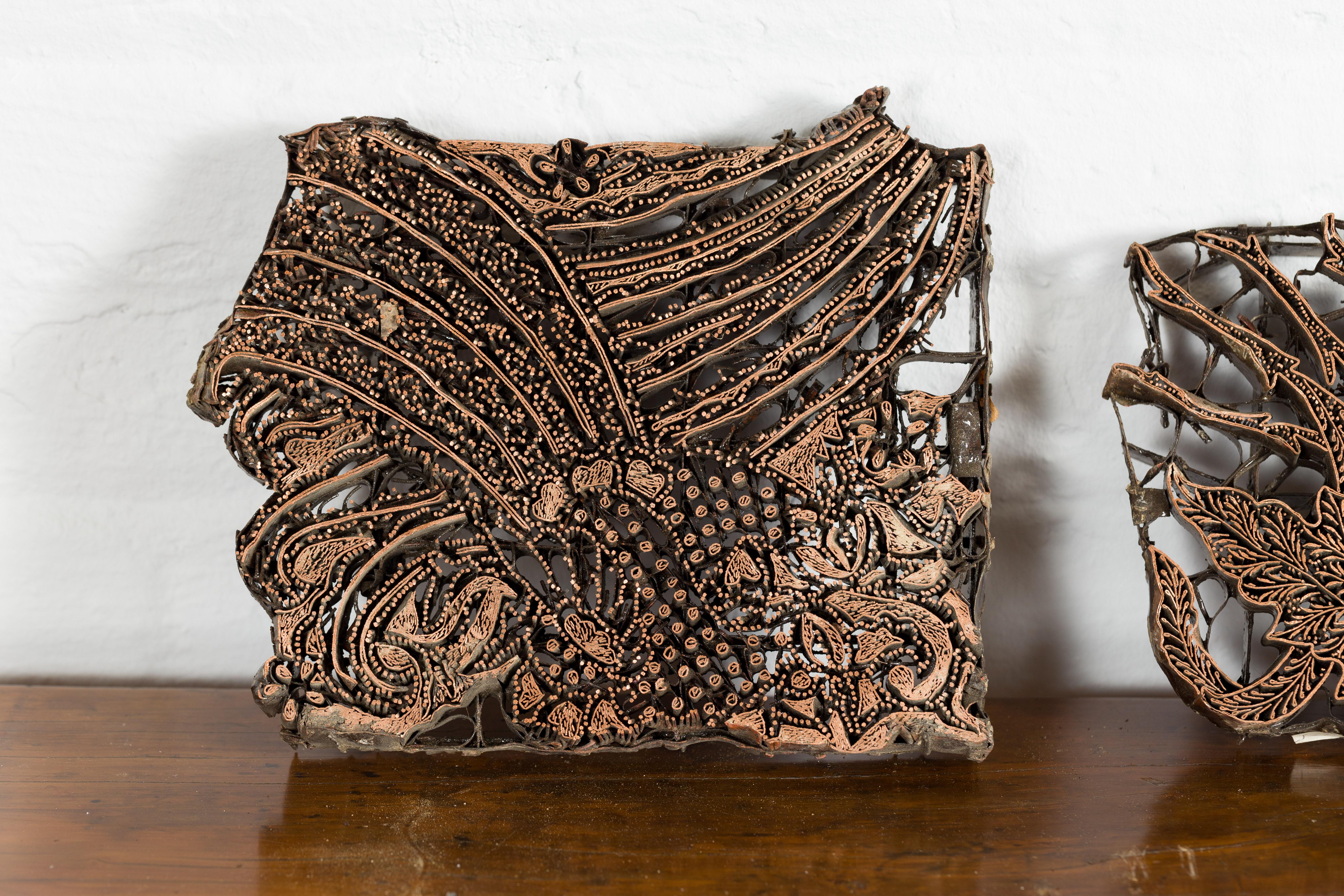 Set of Five Vintage Indonesian Copper Batik Textile Floral Printing Blocks For Sale 2