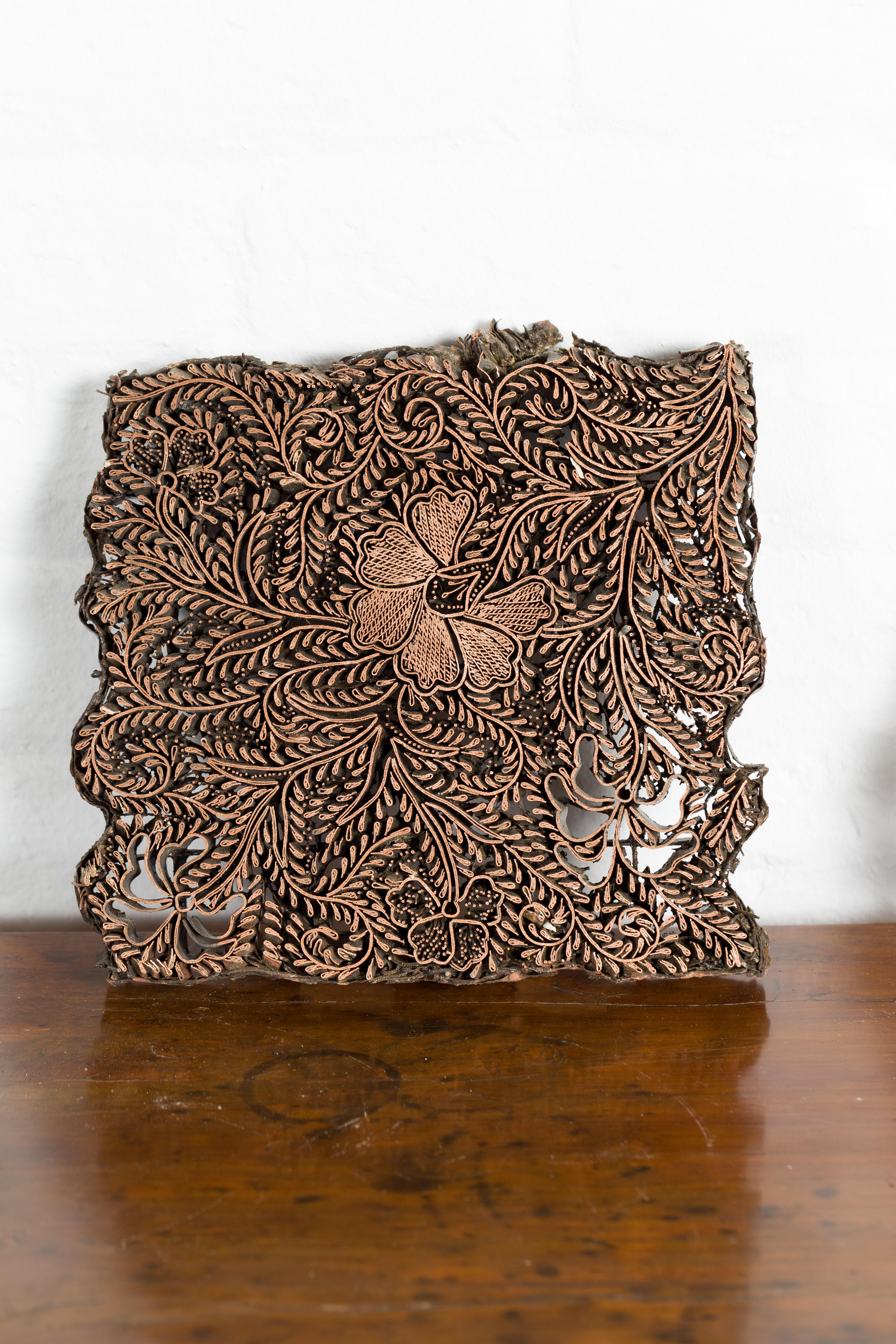 Set of Five Vintage Indonesian Copper Batik Textile Floral Printing Blocks For Sale 5