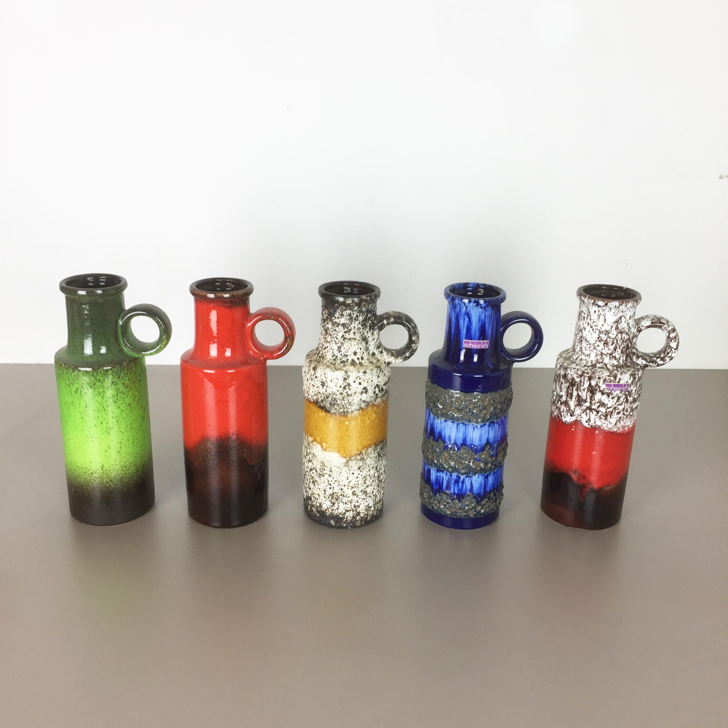 Article:

Set of five fat lava art vases


Producer:

Scheurich, Germany


Design:

Nr. 401-28



Decade:

1970s


This original vintage vase was produced in the 1970s in Germany. It is made of porcelain in Fat Lava Optic. Super