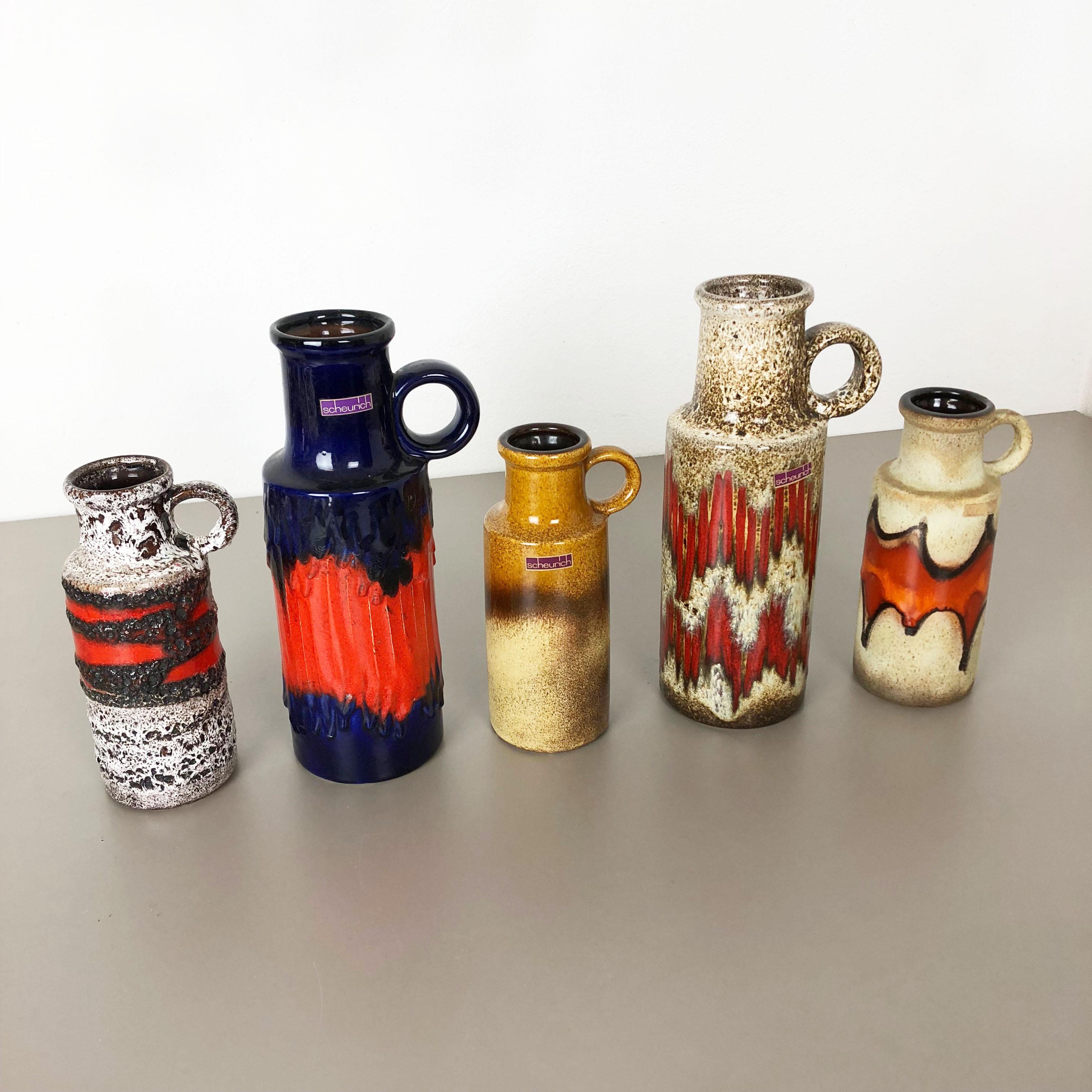 Mid-Century Modern Set of Five Vintage Pottery Fat Lava Vases Made by Scheurich, Germany, 1970s