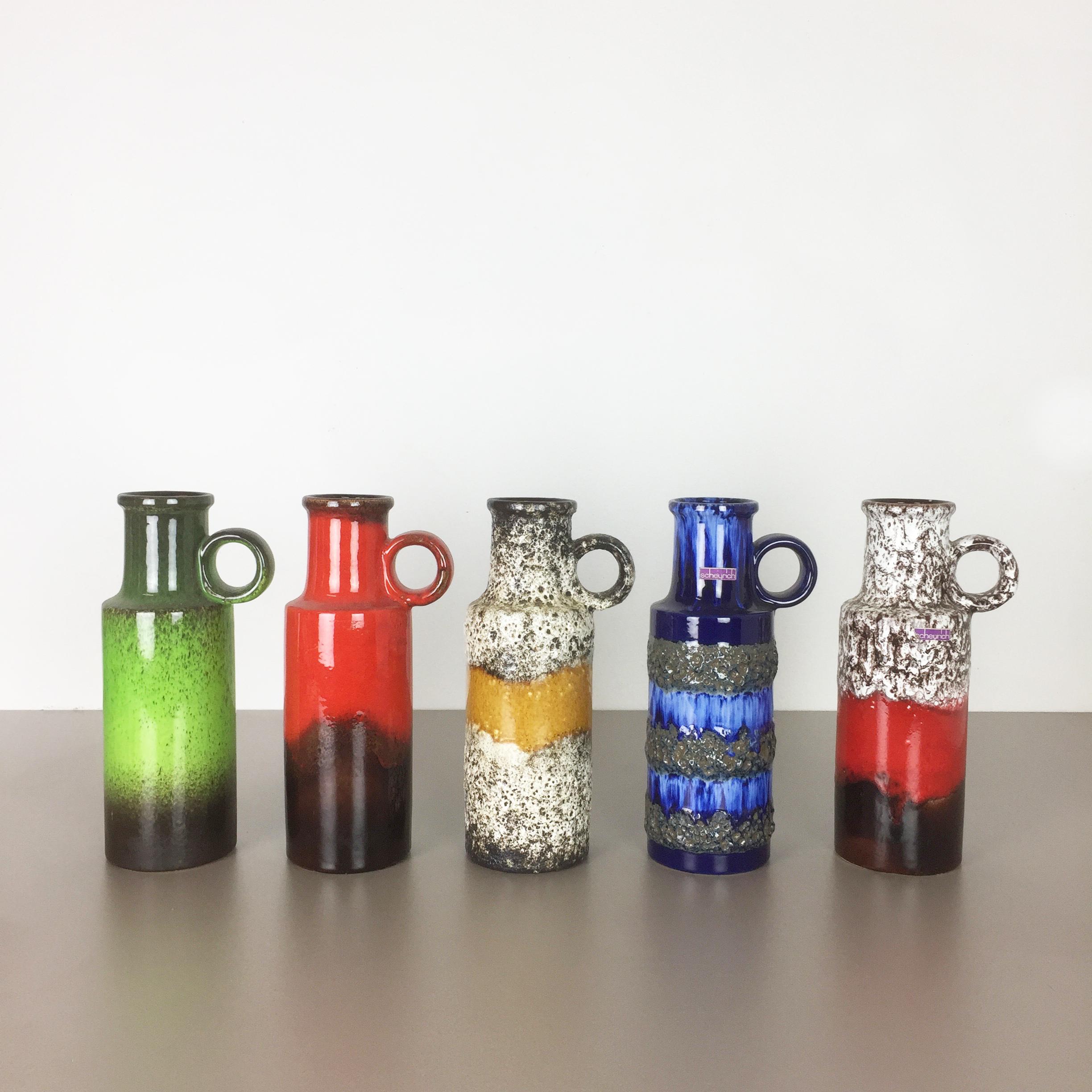 Mid-Century Modern Set of Five Vintage Pottery Fat Lava Vases Made by Scheurich, Germany, 1970s